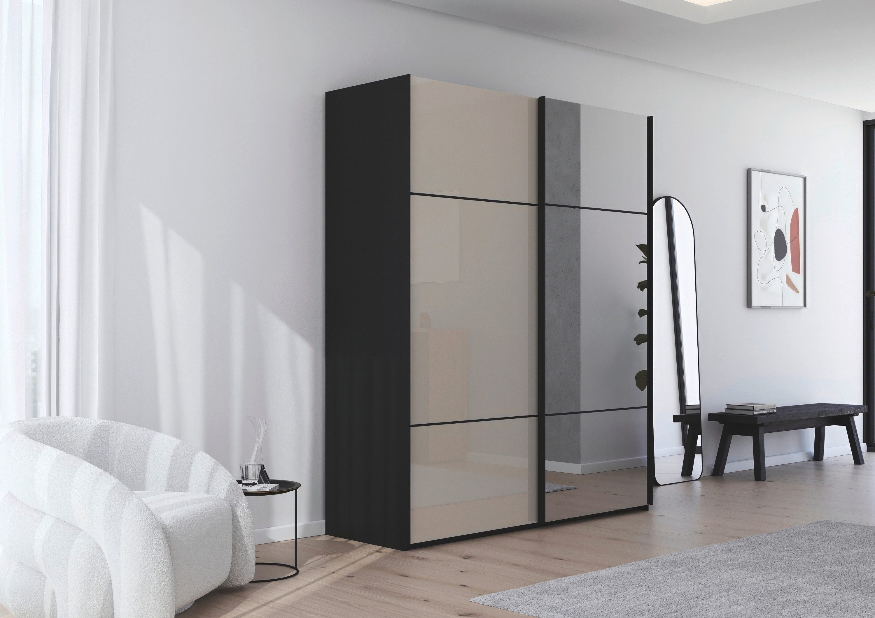 rauch Schuifdeurkast Kledingkast kast garderobe slaapkamerkast SCALE-TRIO edel drievoudig front met 2 sierlijsten spiegel/glas made in germany