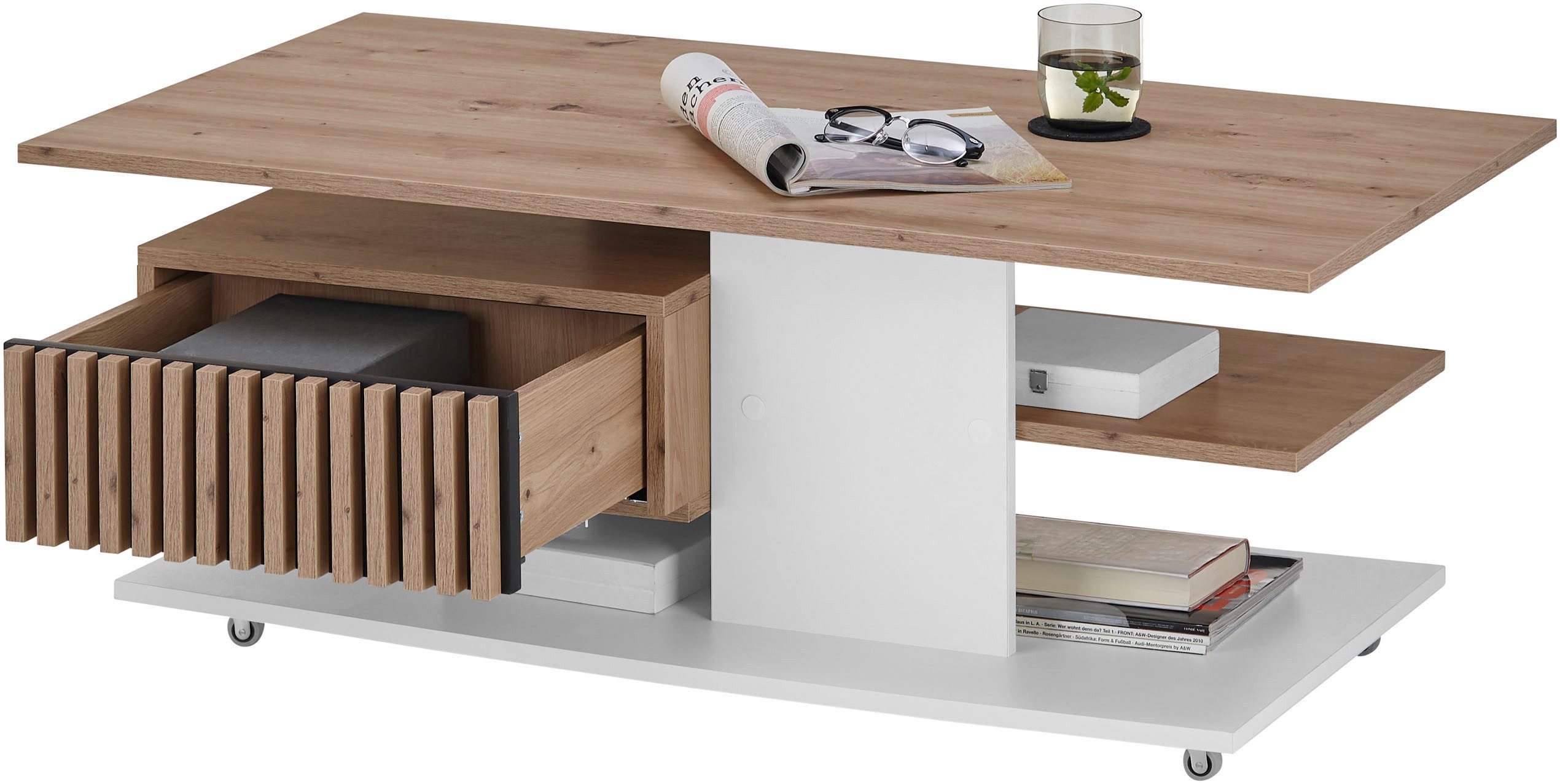 Stolkom Salontafel Ally salontafel met wielen wit, Artisan decor, BxHxD 110x44,5x60 cm
