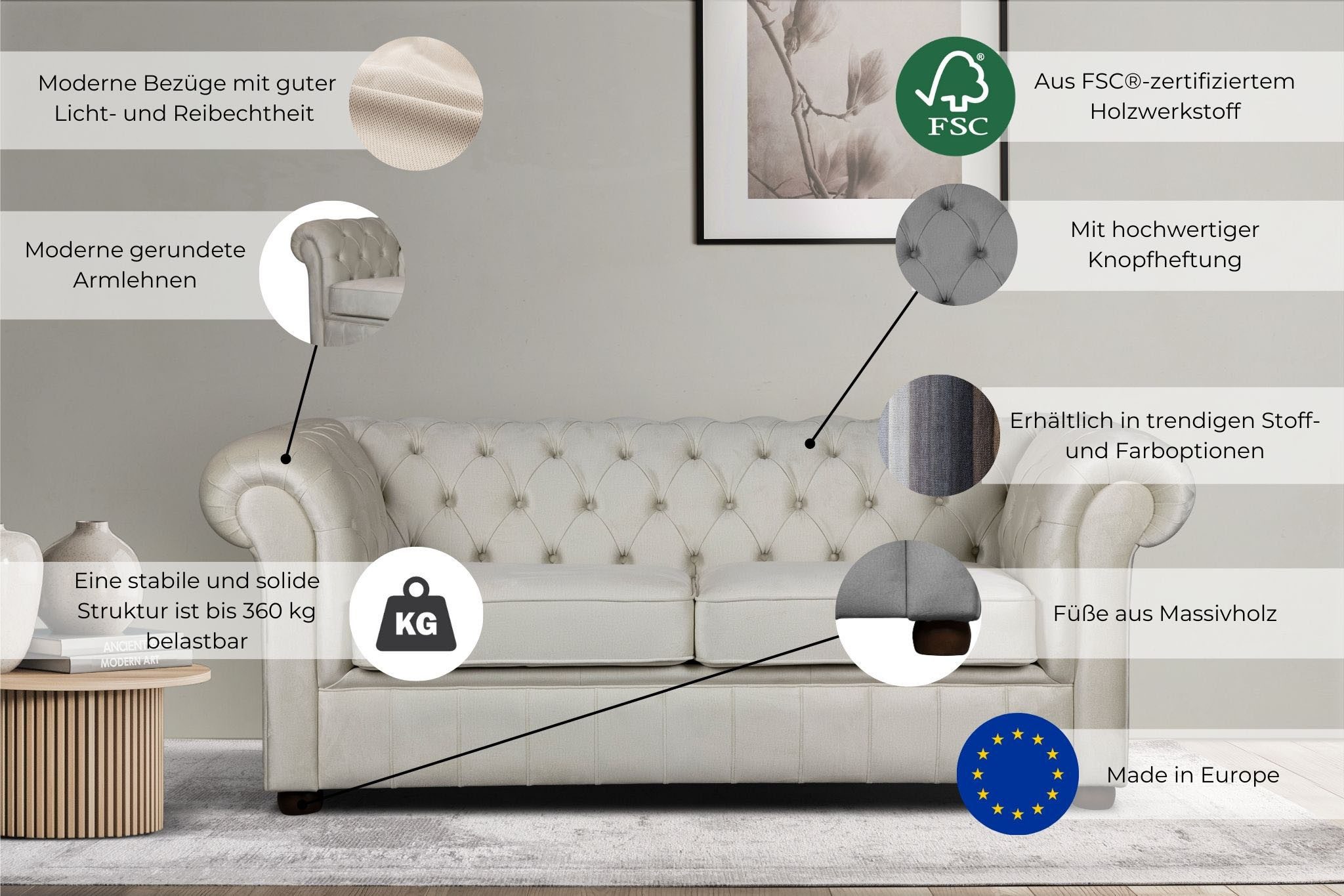 Home affaire 3-zitsbank CHARENTE, optionele slaapbank, Chesterfield-sofa, bedfunctie met edele knoopbevestiging en typische armleuningen, b/d/h 198/89/74 cm