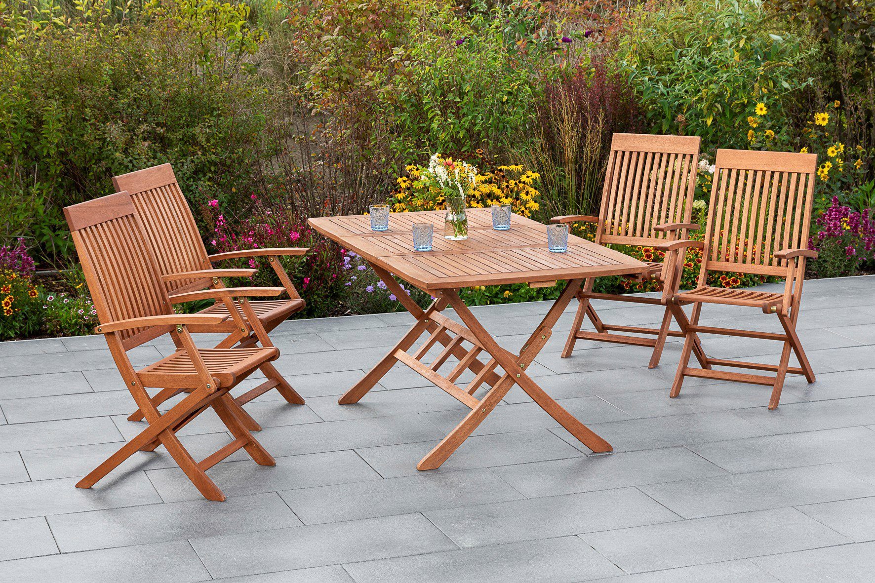 MERXX Tuin-eethoek Comodoro 4 klapstoelen met uittrekbare tafel (5-delig) tuinsets bruin