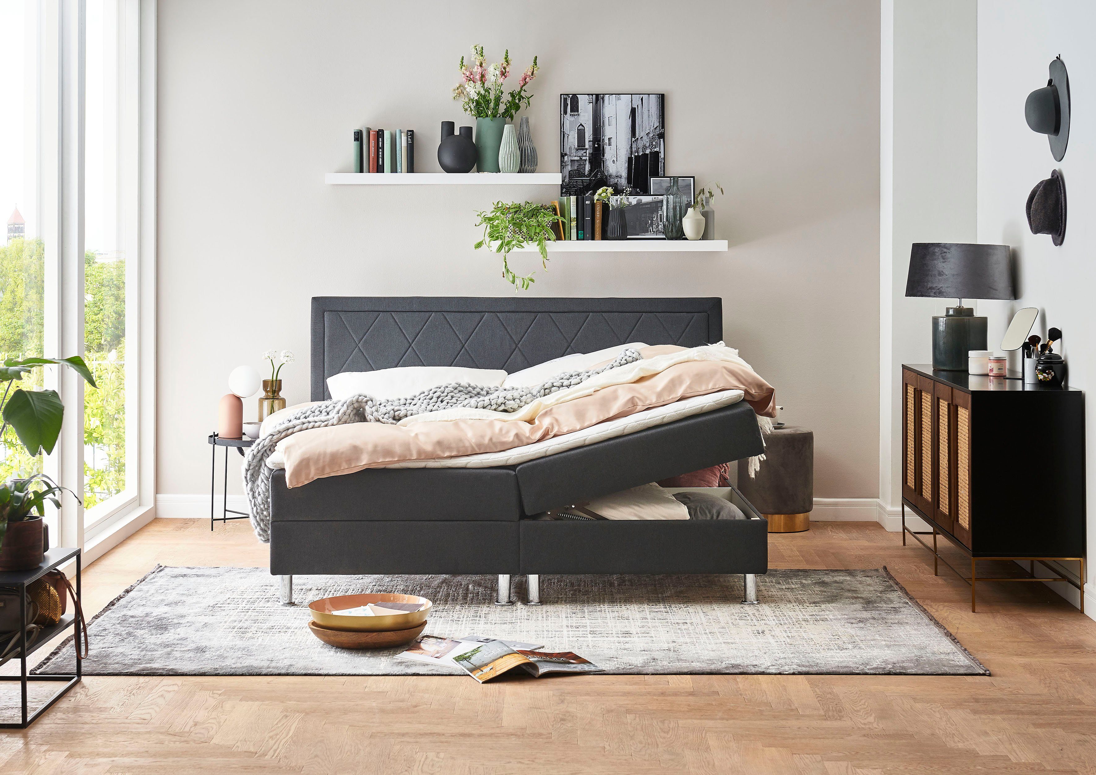 ATLANTIC home collection Boxspring Helen Pocketveringsmatras en topmatras, naar keuze met bedkist boxsprings grijs
