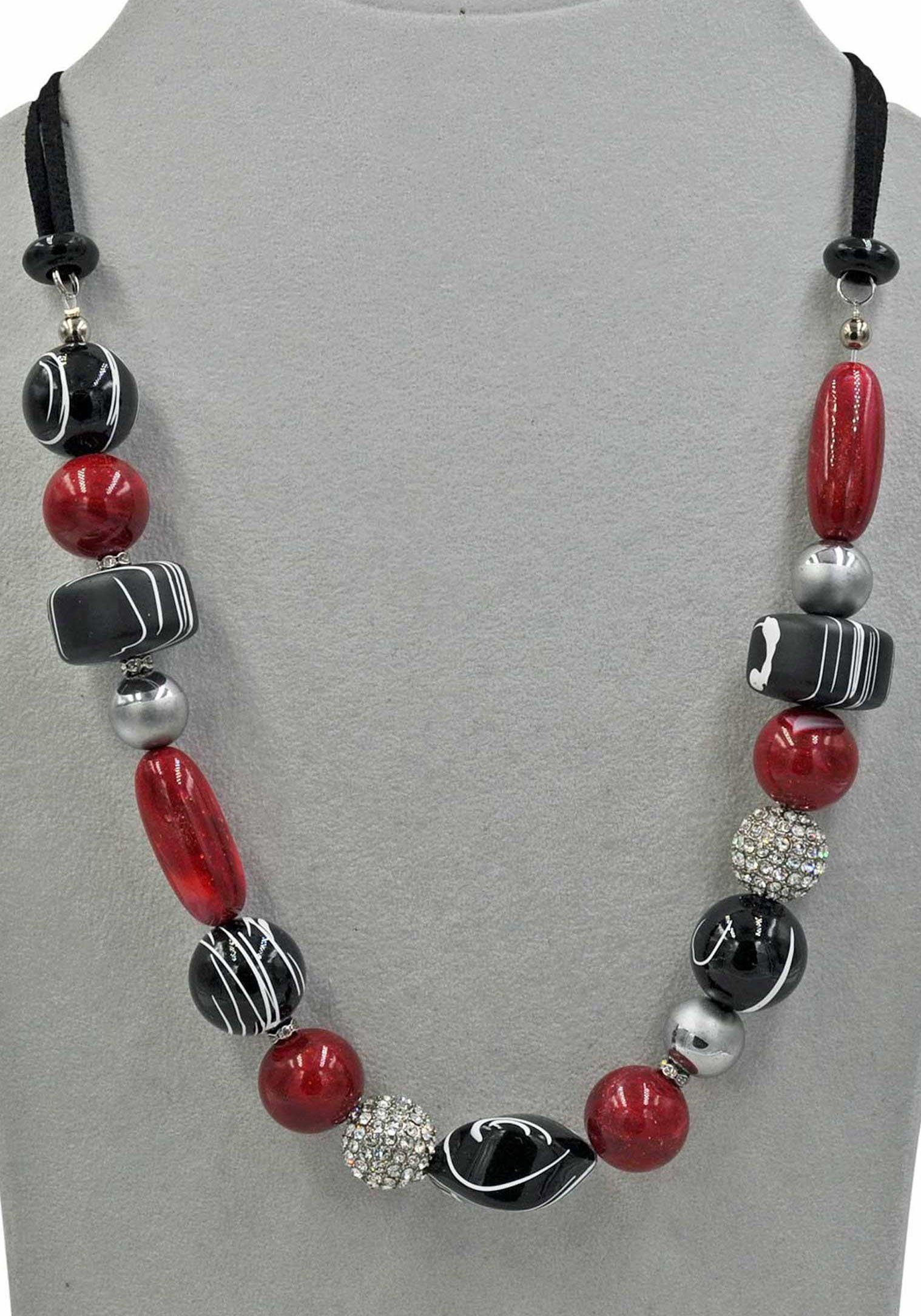 Firetti Collier Gedeeltelijk meerrijig, rood, zwart Made in Germany - met hematiet, glassteen