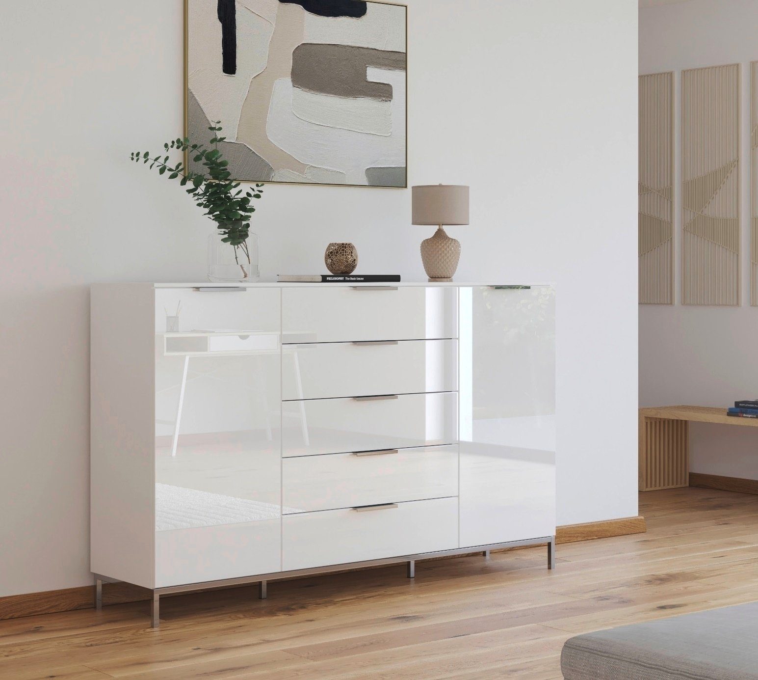 rauch Ladekast Flipp kast waskast bestseller sideboard 2-deurs met 5 laden en soft-close functie, glazen front, 2 breedtes
