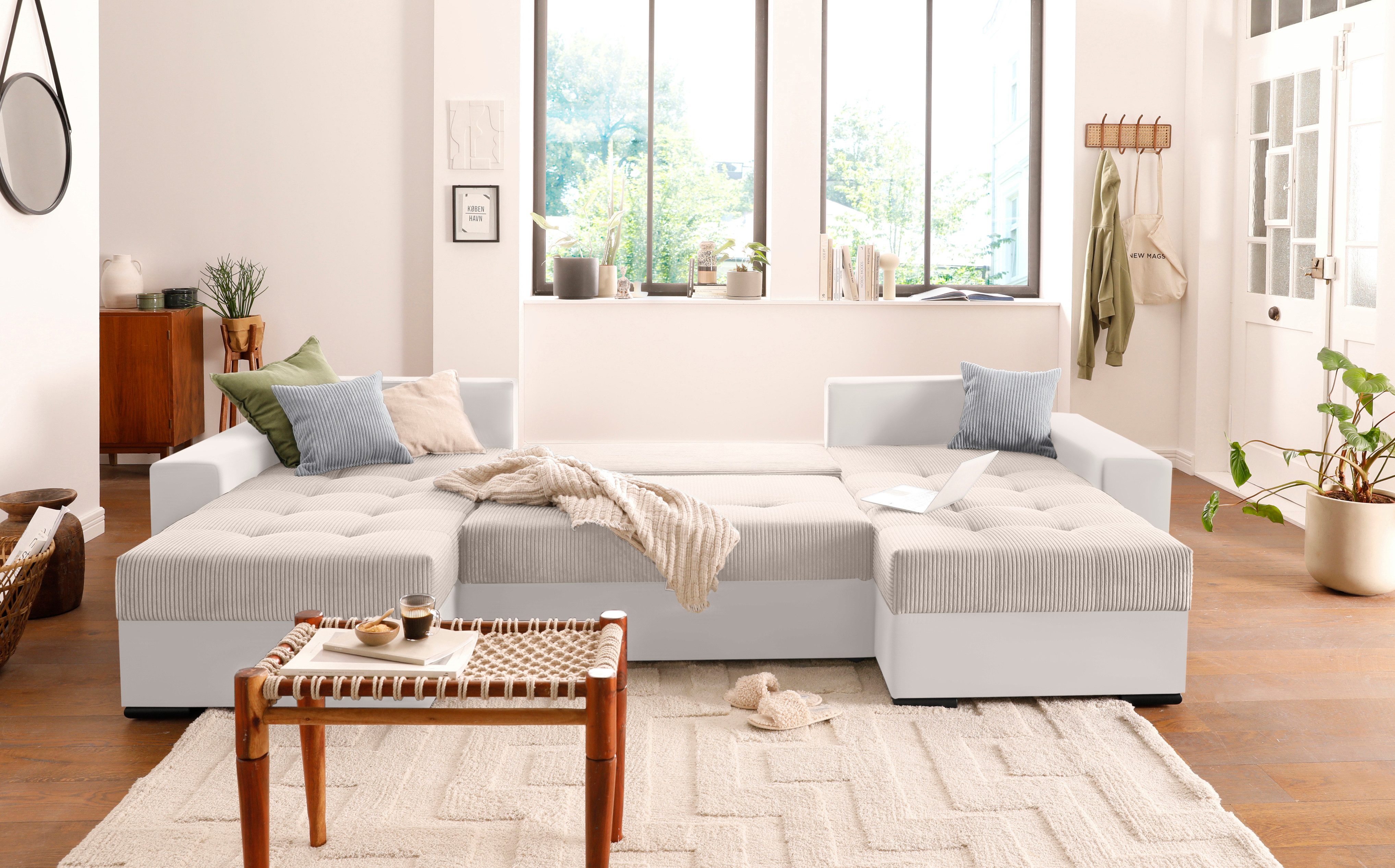 COLLECTION AB Zithoek XL-Josy U-vorm, breedte 313 cm, cord-/mix incl. bedfunctie, bedlade, met 4 gelijk grote rugkussens