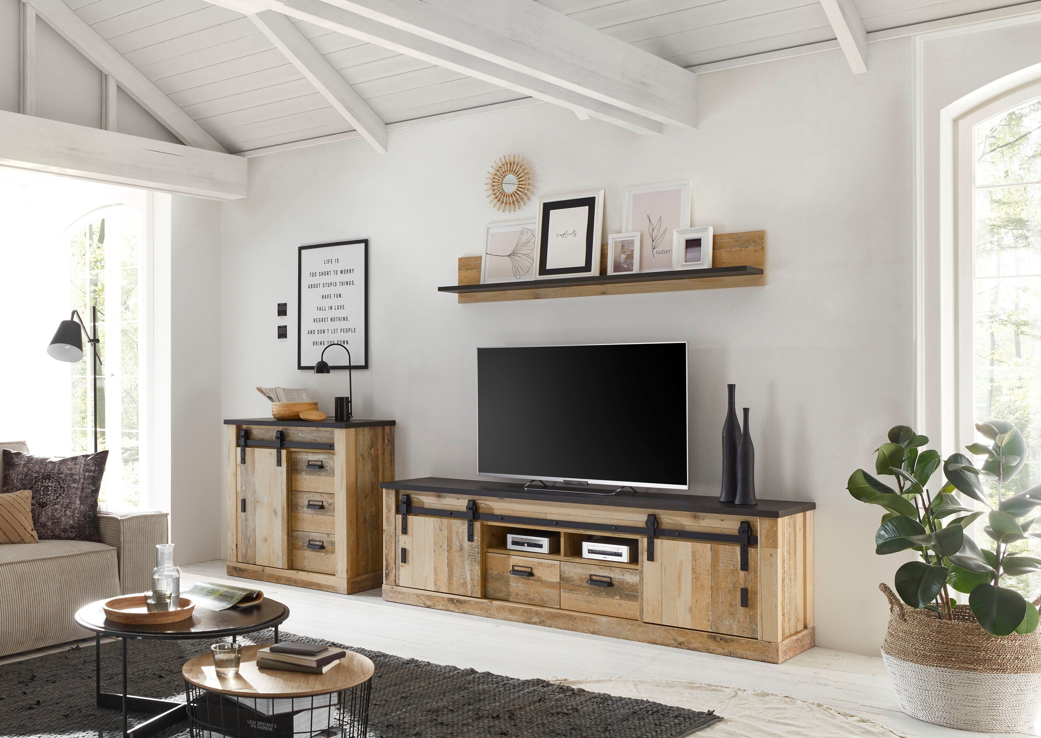 Home affaire Tv-meubel Sherwood modern houtdecor, met schuurdeurbeslag van metaal, breedte 201 cm