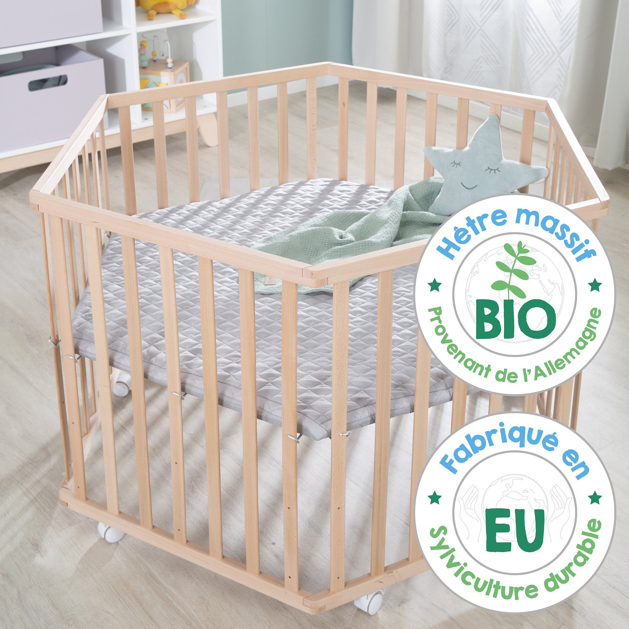 Roba® Box Stijl, beuken, 6-hoekig met beschermend inzetstuk en hoofdbeschermer