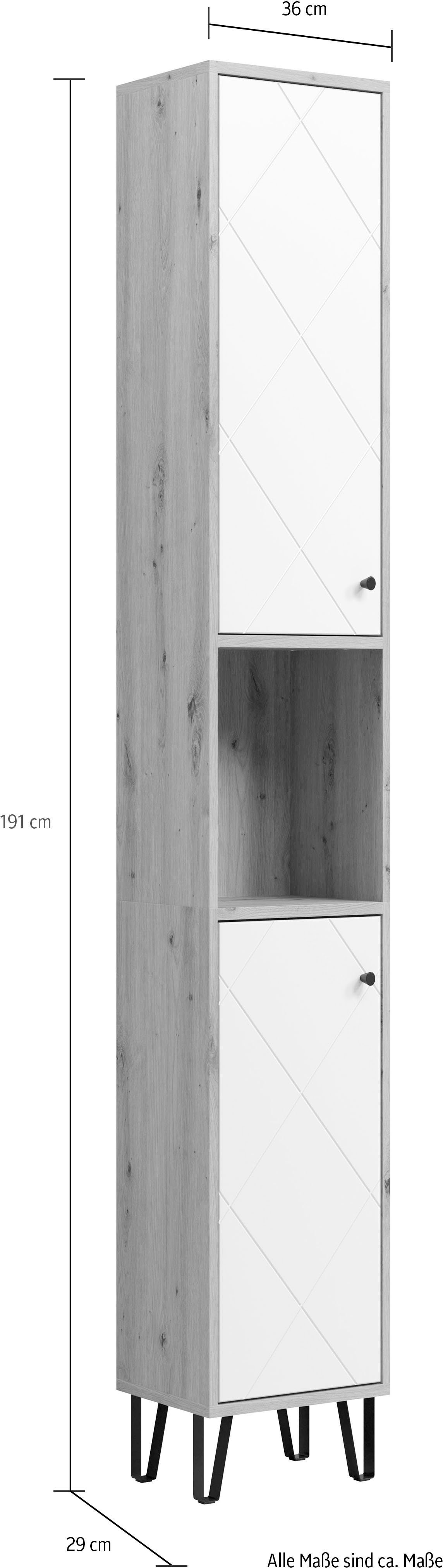 Places of Style Hoge kast Tarragona Breedte 36 cm, 2 deuren, retro metalen poten, mat, bruine hout-look / wit (1 stuk)