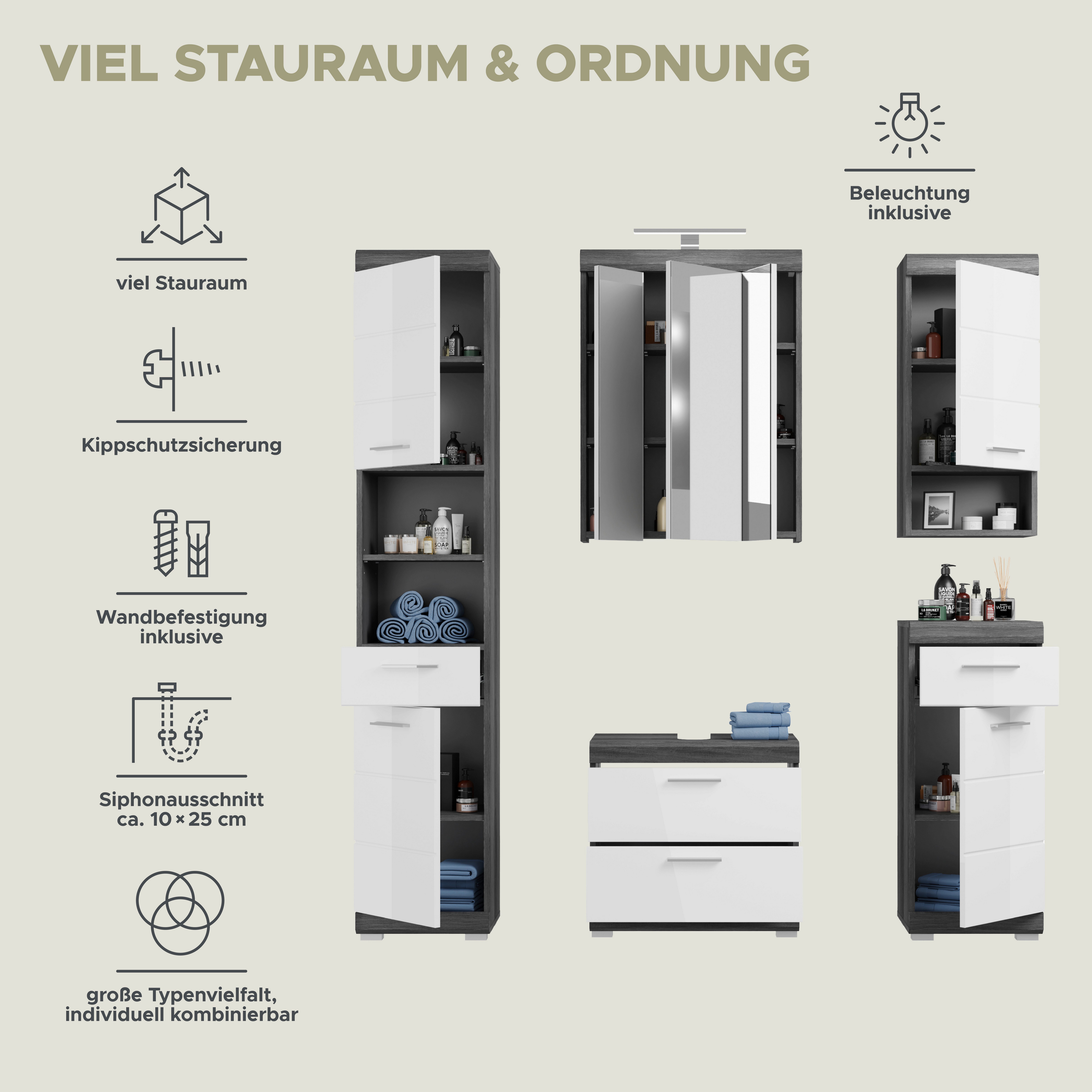 INOSIGN Badkamerserie Siena, 5-delig, inclusief LED-verlichting, bestaande uit: (set, 5-delig)