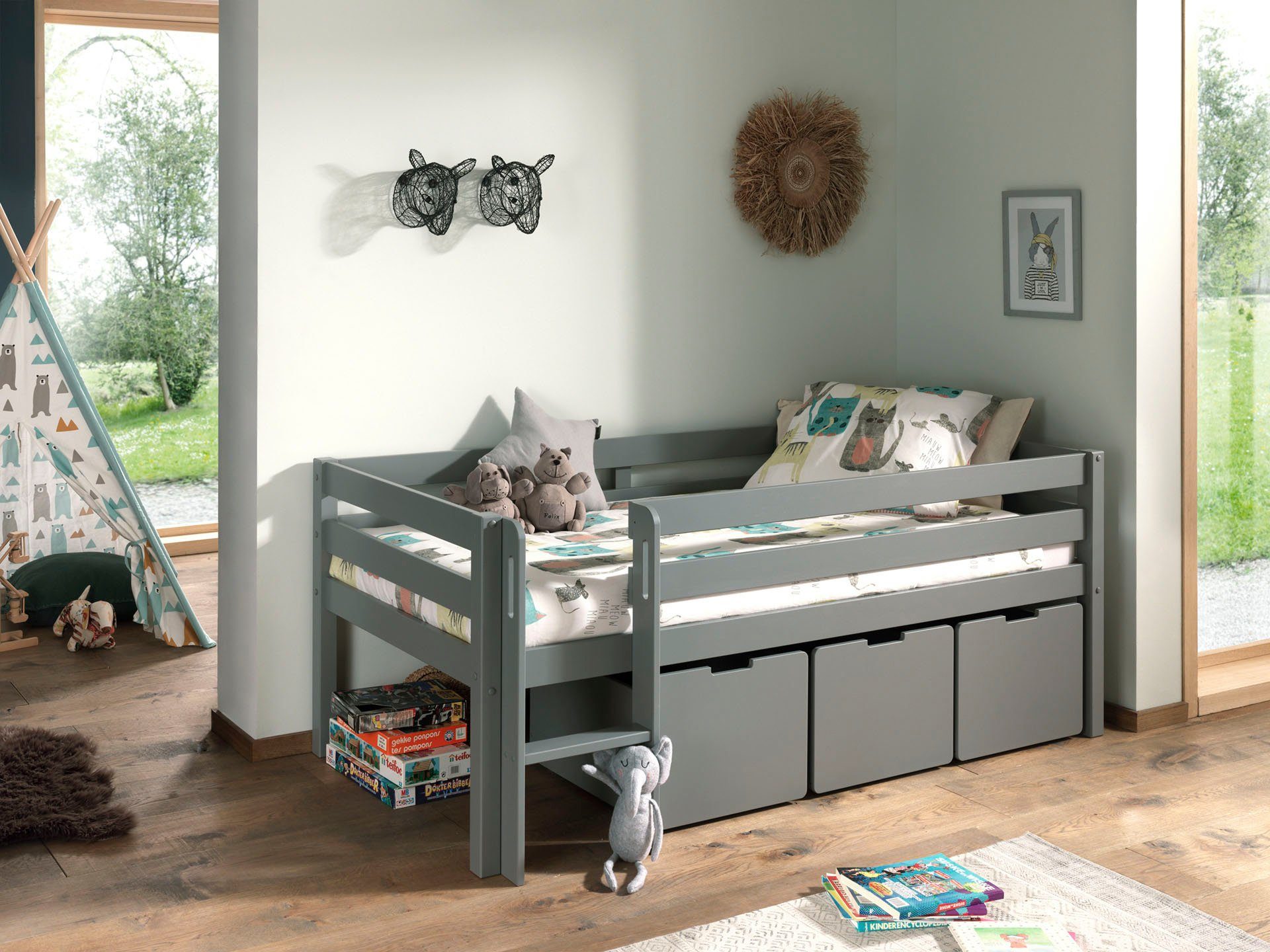Vipack Speelbed Vipack Pino Laag speelbed met LF 90x 200 cm, met ladder en 3 boxen op wieltjes