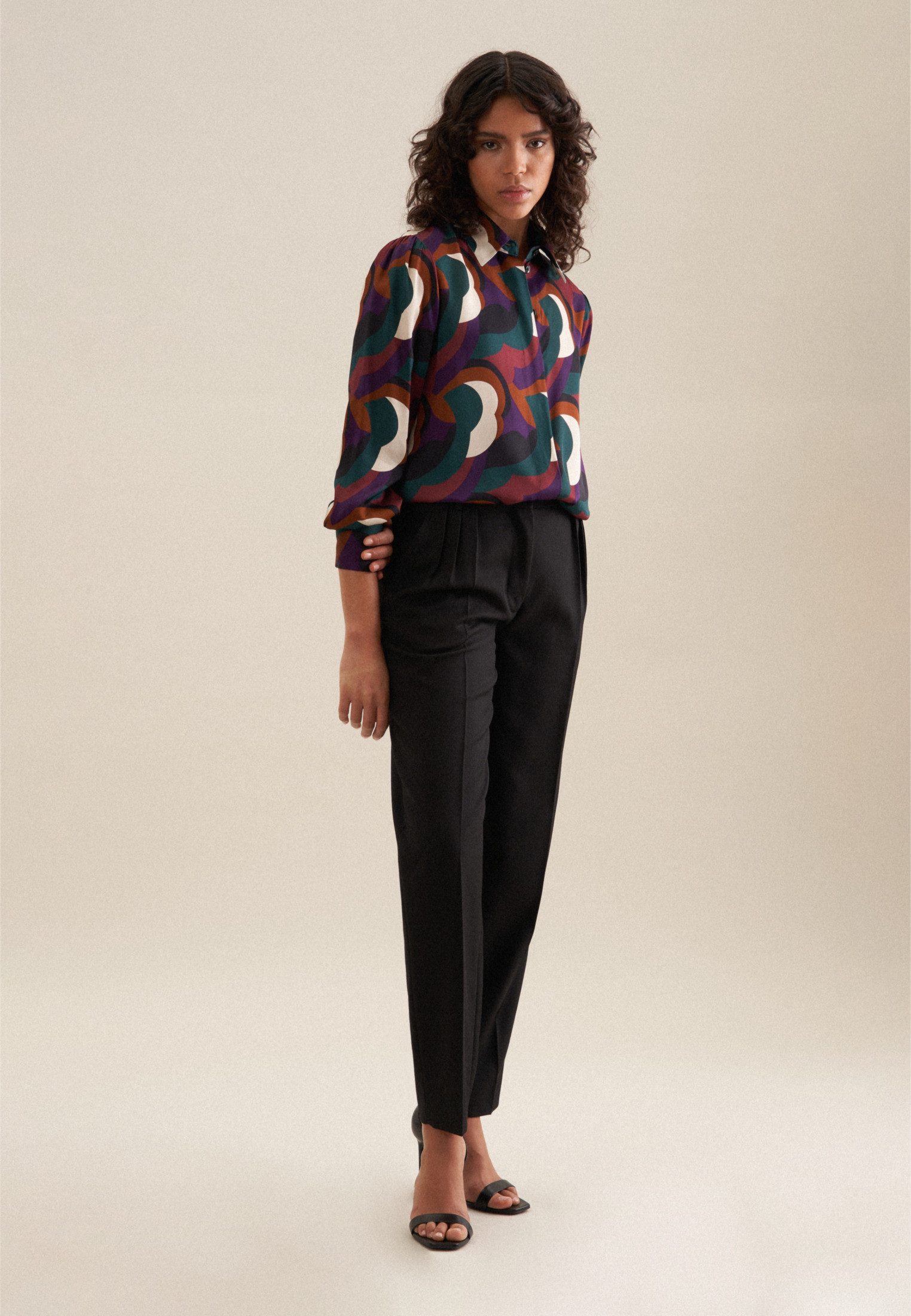 seidensticker Overhemdblouse Zwarte roos Lange mouwen kraag print