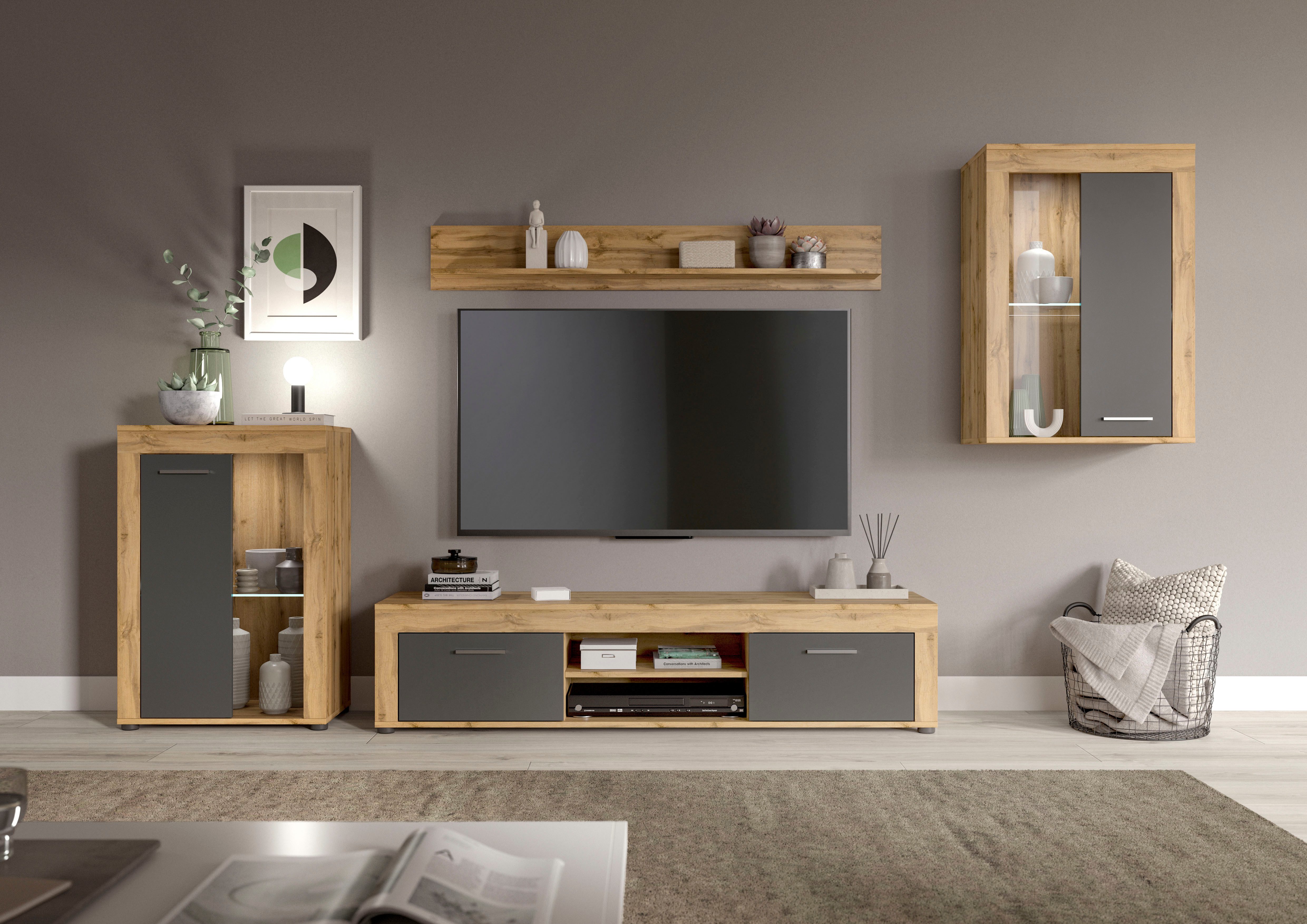 INOSIGN Wandmeubel Aosta, 4-delig, bestaande uit: 2x vitrinekast, lowboard & wandplank (4-delig) tv-wandmeubels grijs