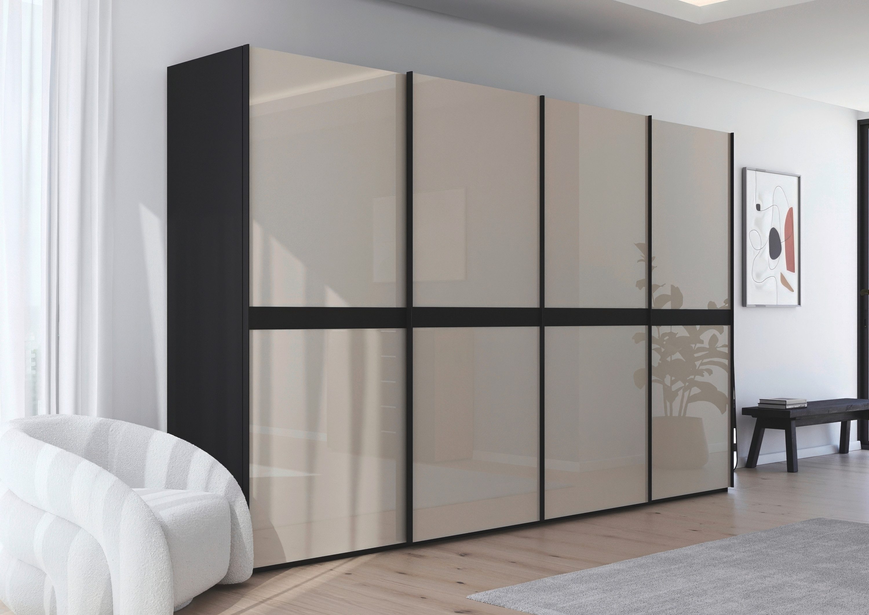 rauch Schuifdeurkast Kledingkast kast garderobe slaapkamerkast SCALE-LINE edel uiterlijk met buikband in corpuskleur met glasfront made in germany