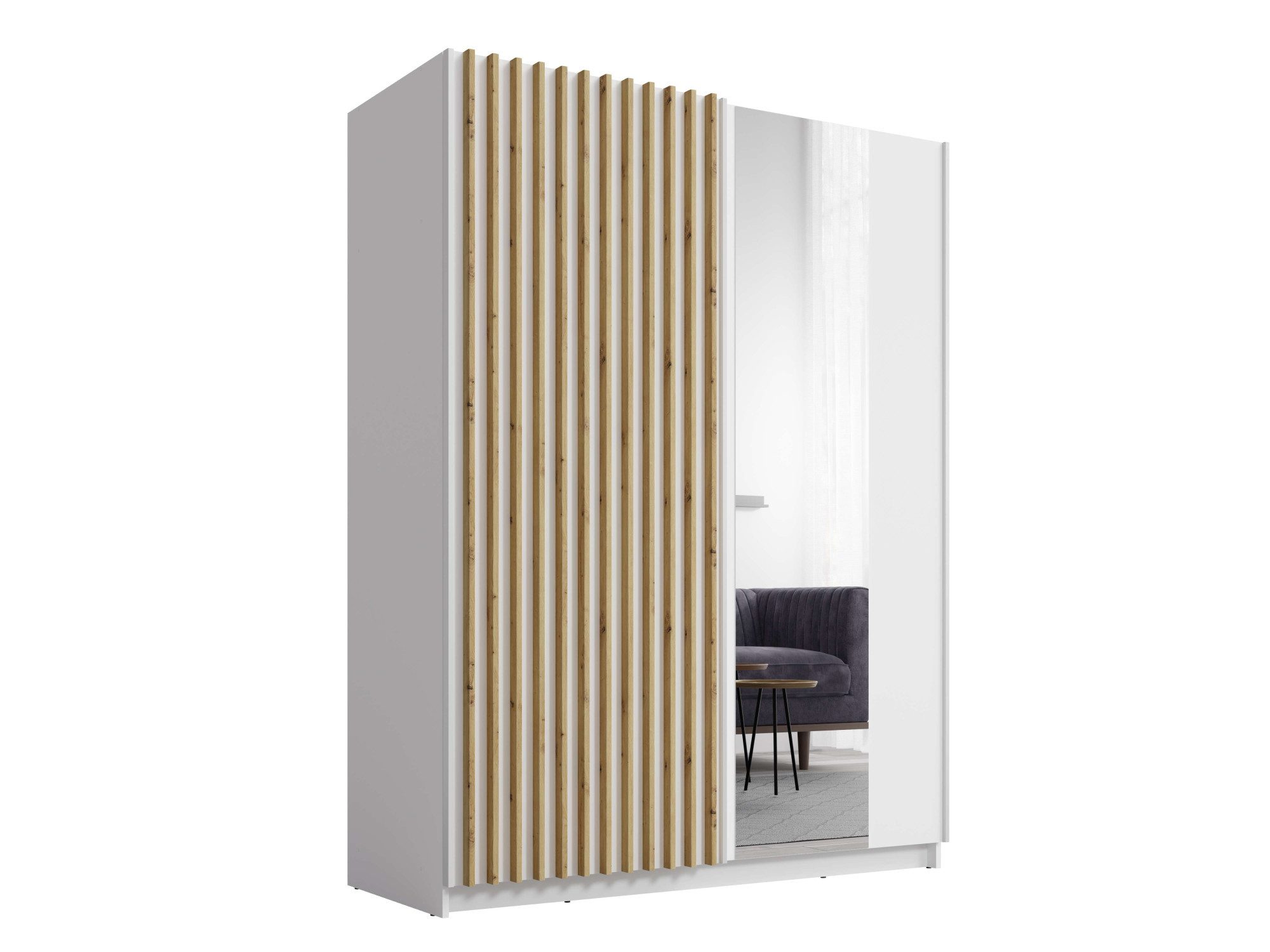 INOSIGN Kledingkast Camden met spiegel, 4 legplanken en kledingstang Garderobe met 2 schuifdeuren en lamellen, BxHxD 150,5x198,5x61,6 cm