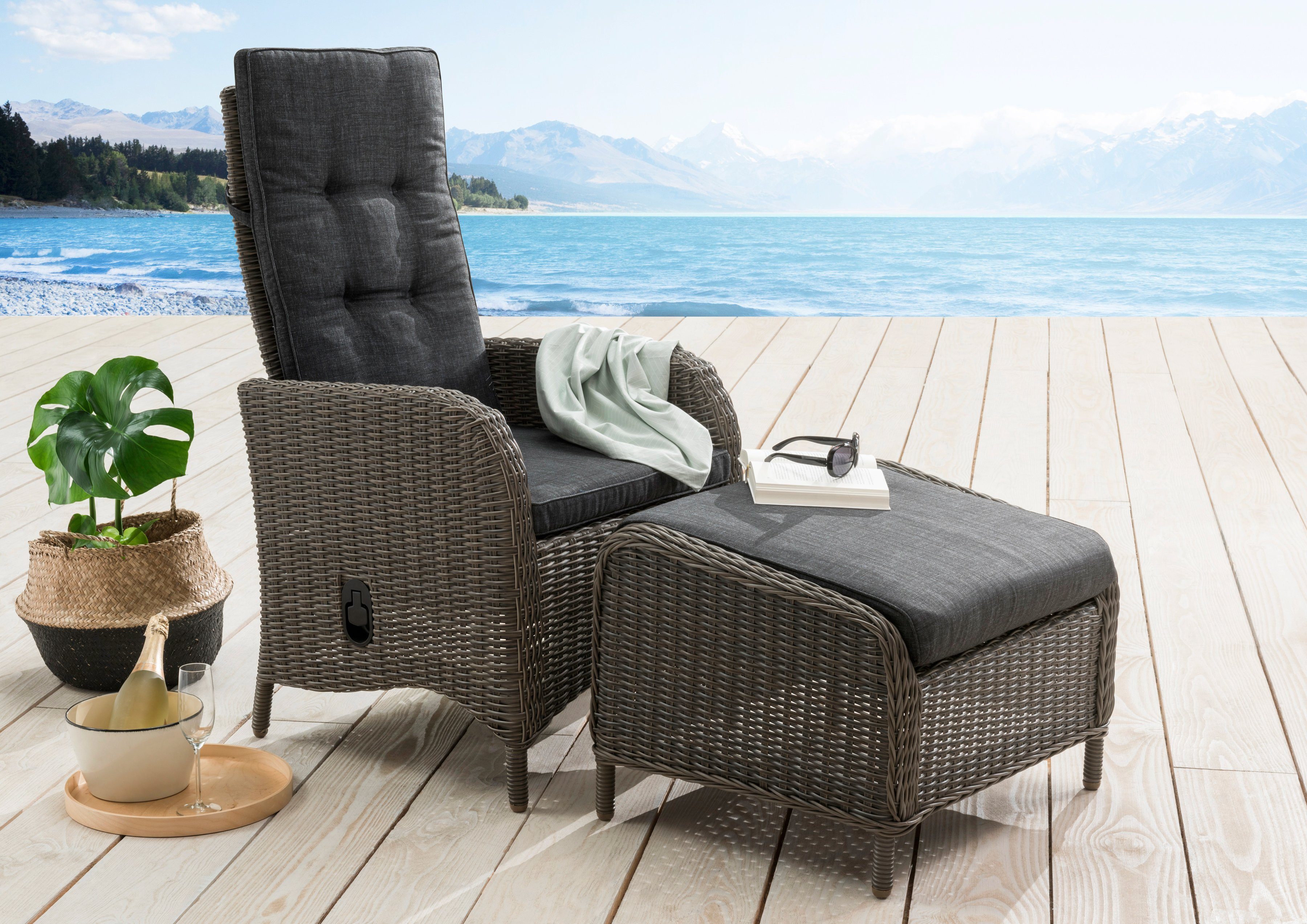 Destiny Fauteuil PALMA CASA Aluminium, polyrattan, incl. voetenbank en kussens (set, 4-delig) fauteuils grijs