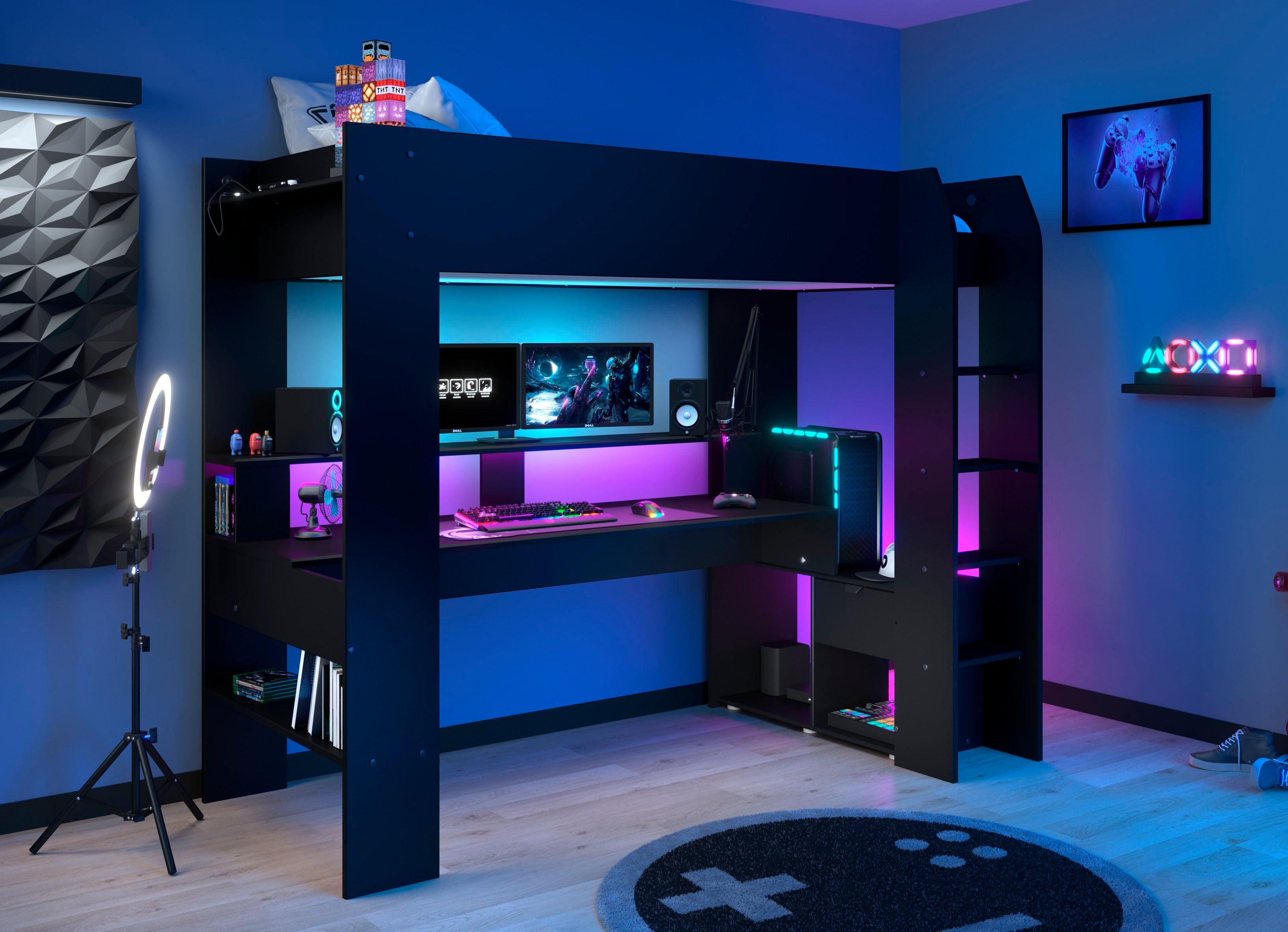 Parisot Hoogslaper Gaming-bed, met bureau, USB-aansluiting, LED, veel opbergruimte