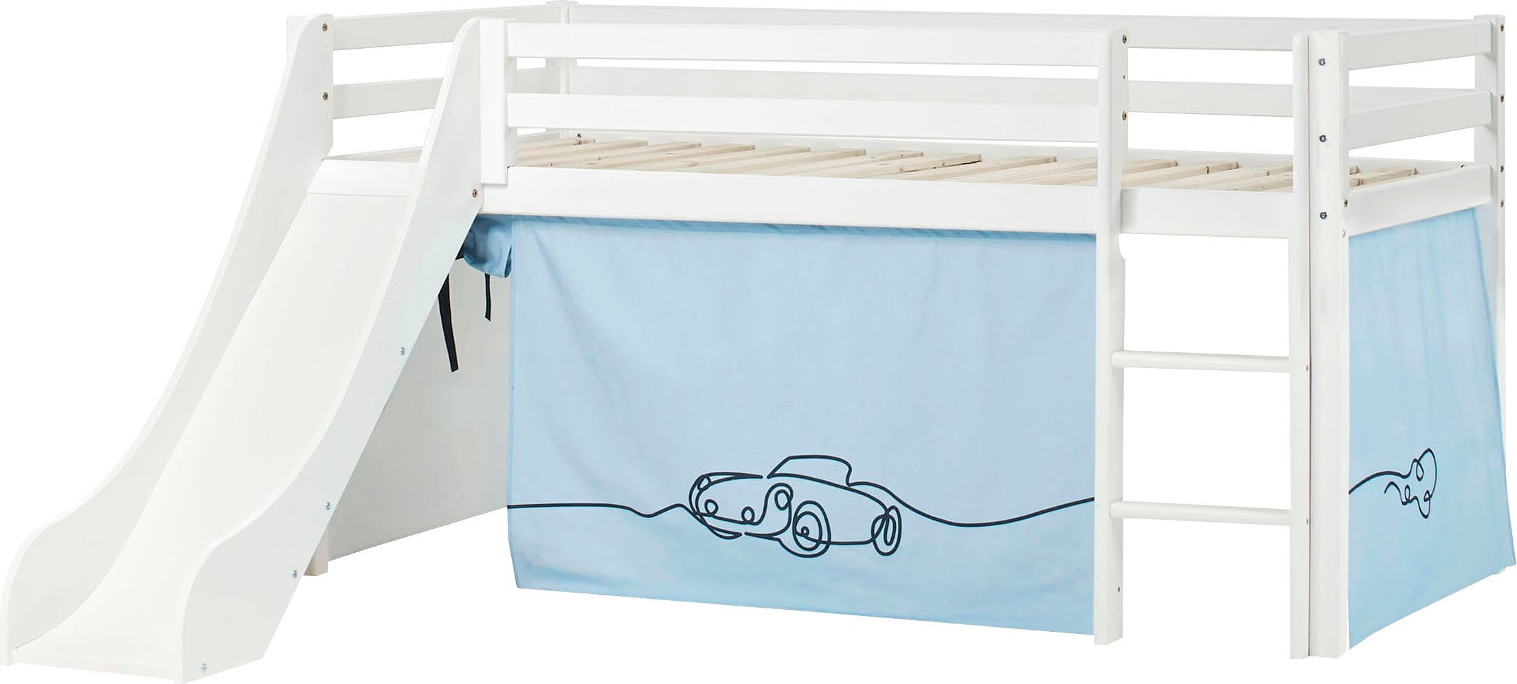 Hoppekids Hoogslaper "Cars" Glijbaan & gordijn blauw en veel keus