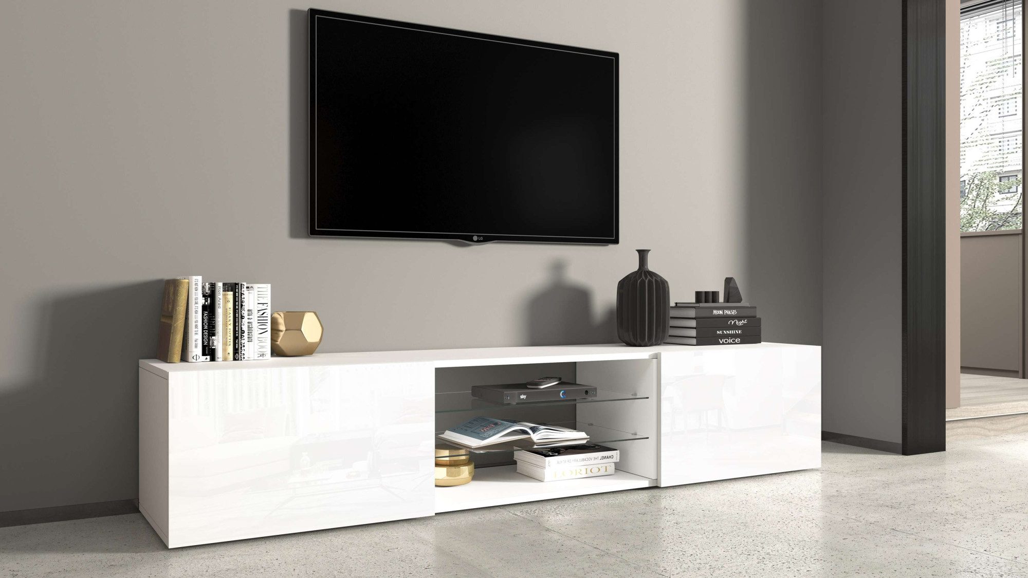 INOSIGN Tv-meubel Egypt, Lowboard, TV-ladekast, TV-meubel, TV-bank met 2 kleppen, 2 glazen planken, volledig hoogglans gelakt (b/d/h) 180x38x35 cm
