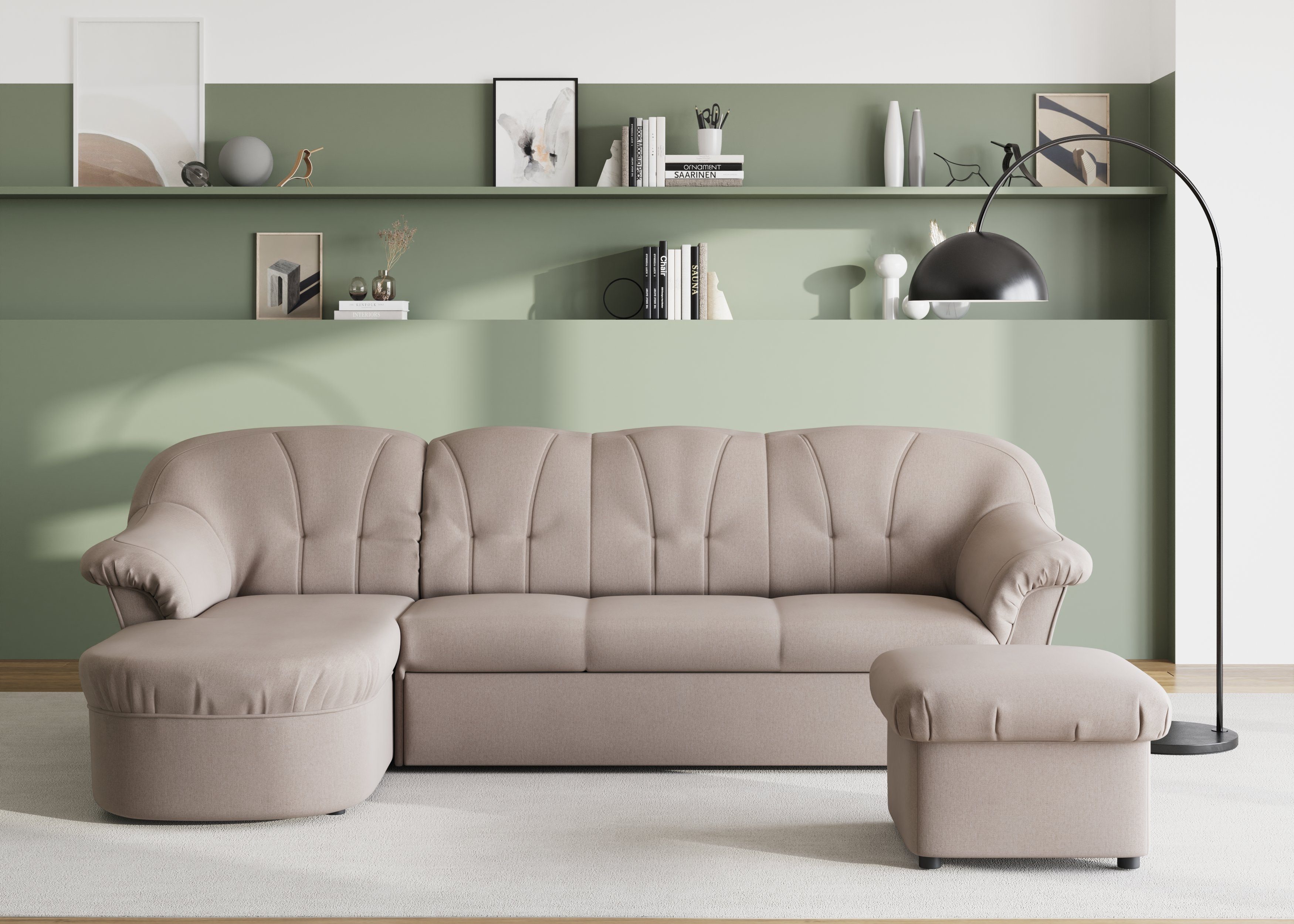 DOMO collection Hoekbank Pegnitz, elegante rugstepping, compacte afmetingen 238/141cm, L-vorm