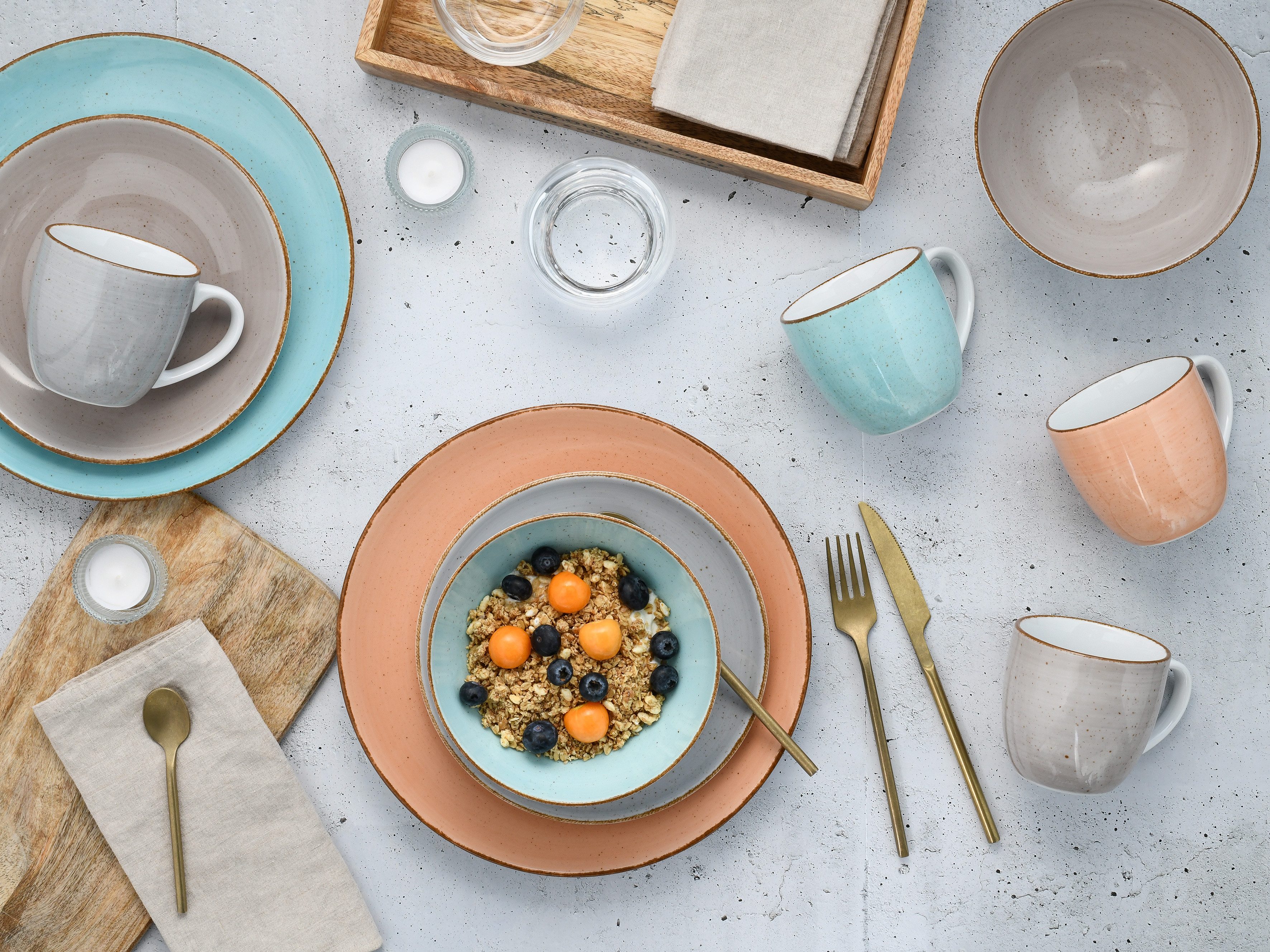 CreaTable Combi-servies Servies-set VINTAGE NATURE Servies, met de hand geschilderd, gespikkeld, 16 delen, voor 4 personen (set, 16-delig)
