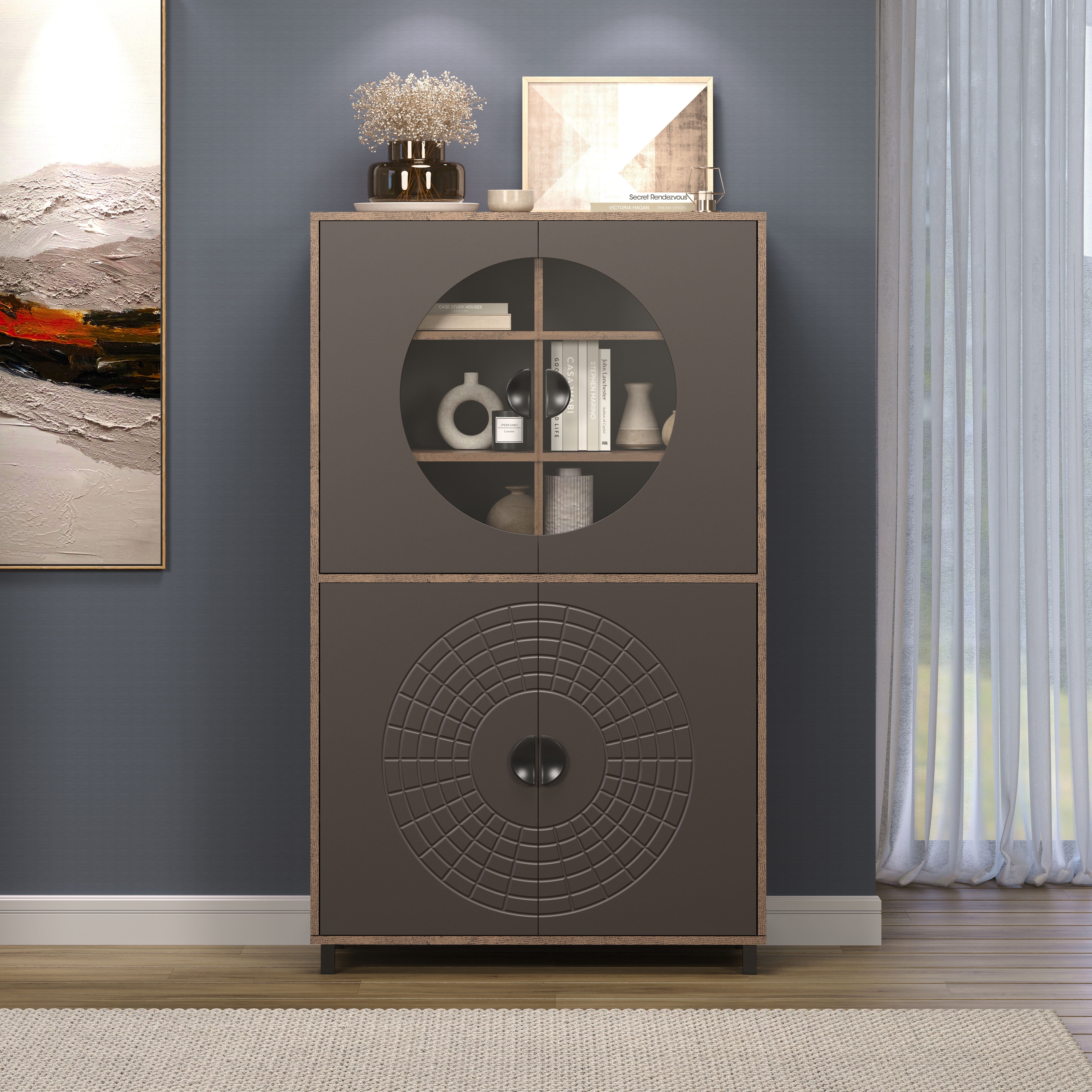 INOSIGN Hoge kast Fusion Vitrine met bijzonder cirkelpatroon - huwelijkskast in vintage-look (1 stuk)