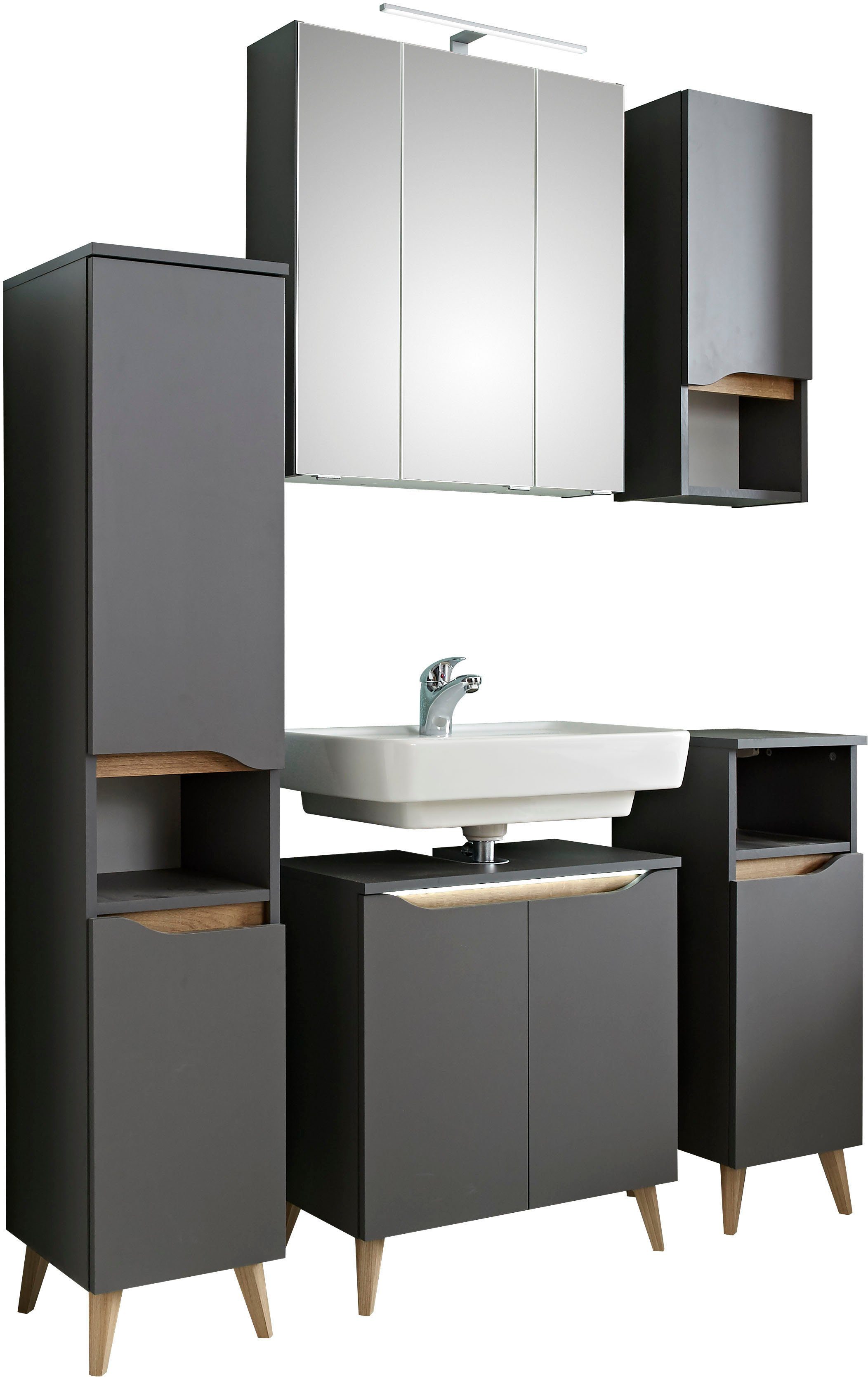 Saphir Badkamerserie Quickset 5-delig, wastafelonderkast met led-spiegelkast Halfhoge kast, onderkast, hangkast, incl. deurdemper, 9 deuren (6-delig)