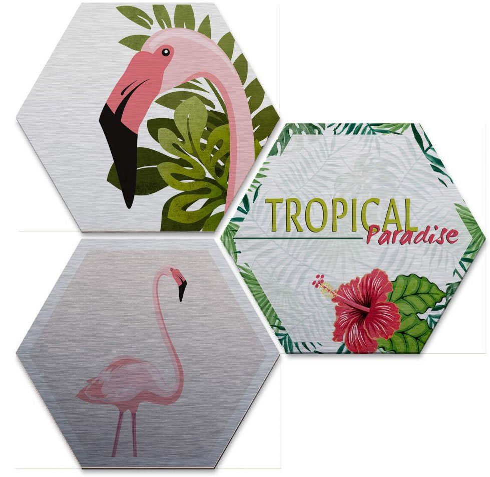 Wall-Art Meerdelige artprint Zilvereffect flamingo set (set, 3 stuks)