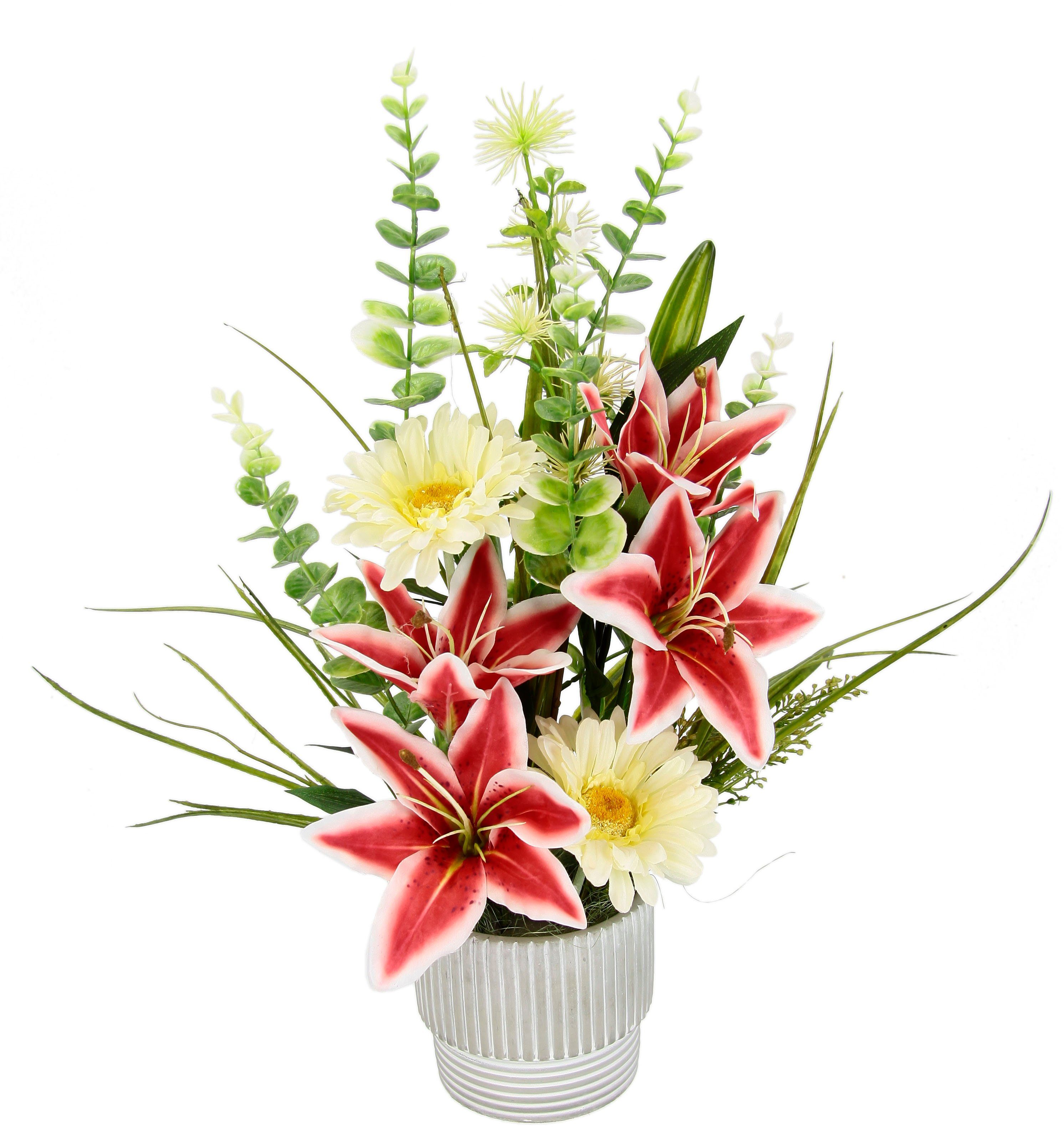 I.GE.A. Kunstbloem Bloemenarrangement van lelies en gerbera in keramische pot Decoratieve bloemen, bloemenboeket, zijden bloemen, tafeldecoratie, trouwdecoratie (1 stuk)