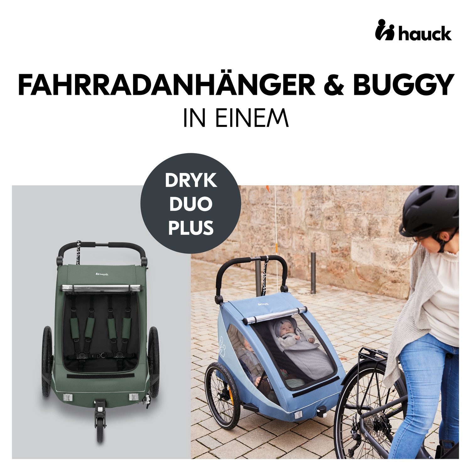 Hauck Kinderen fiets aanhanger 2in1 Bike Trailer und Buggy Dryk Duo Plus, dark green