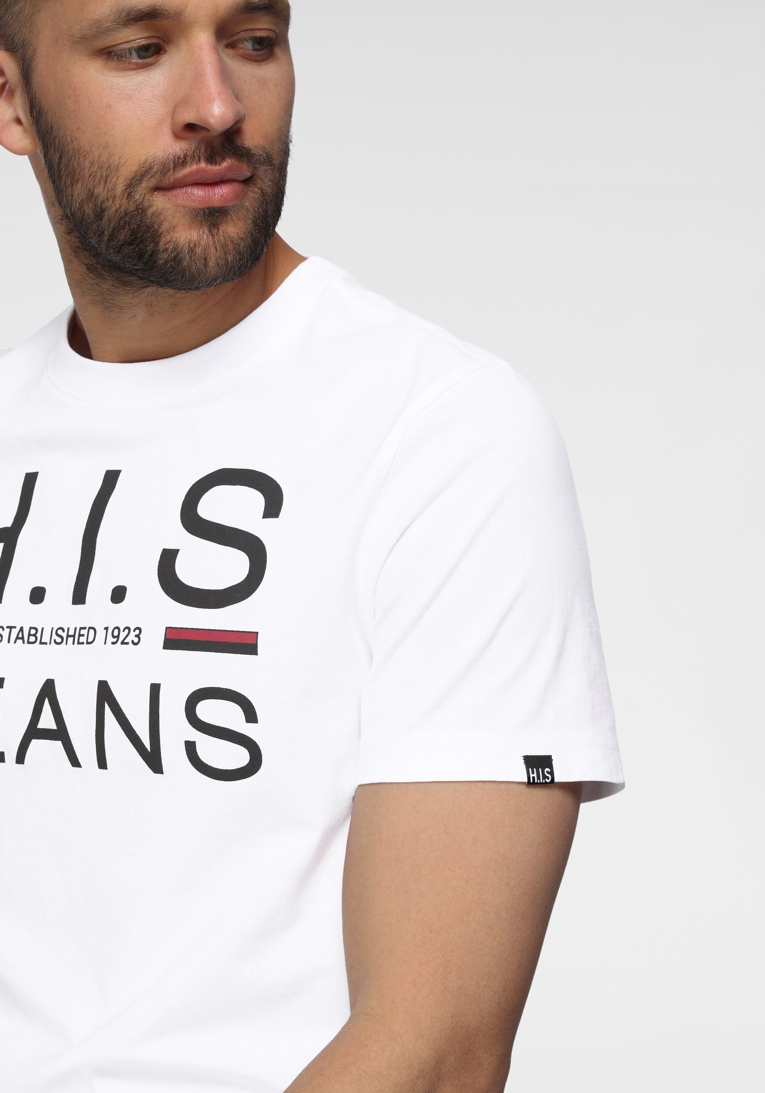 H.I.S Shirt met ronde hals slank gesneden, bedrukt ontwerp, ronde hals, van katoen (Set van 2)