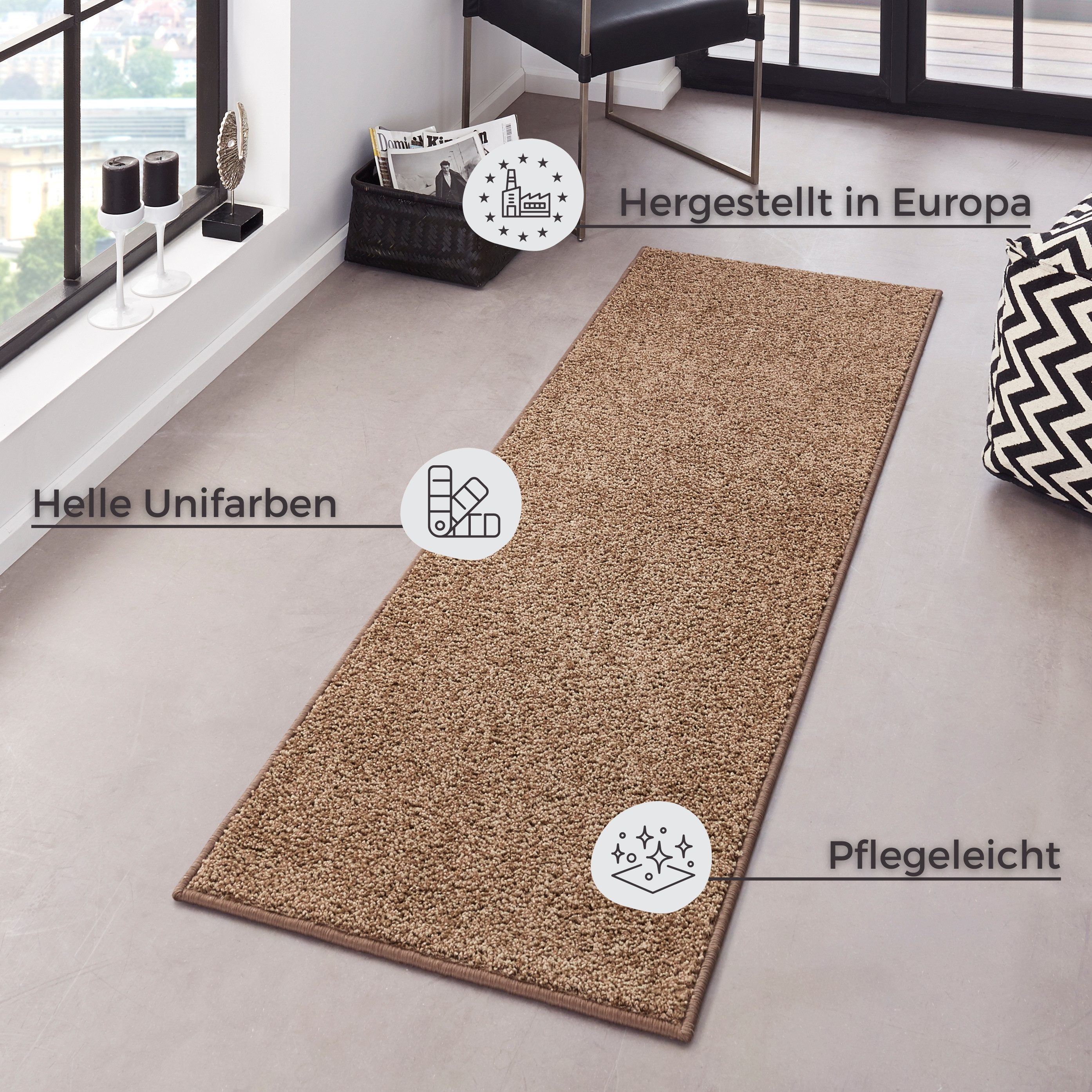 HANSE Home Vloerkleed Pure 100 korte pool Kortpolig, effen, omgezoomd, loper, woonkamer, kinderkamer, gang