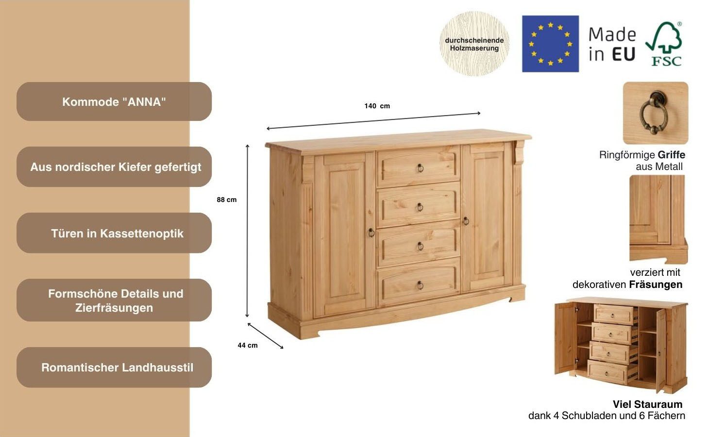 Home affaire Dressoir ANNA Commode van massief dennenhout, FSC®, breedte 140 cm