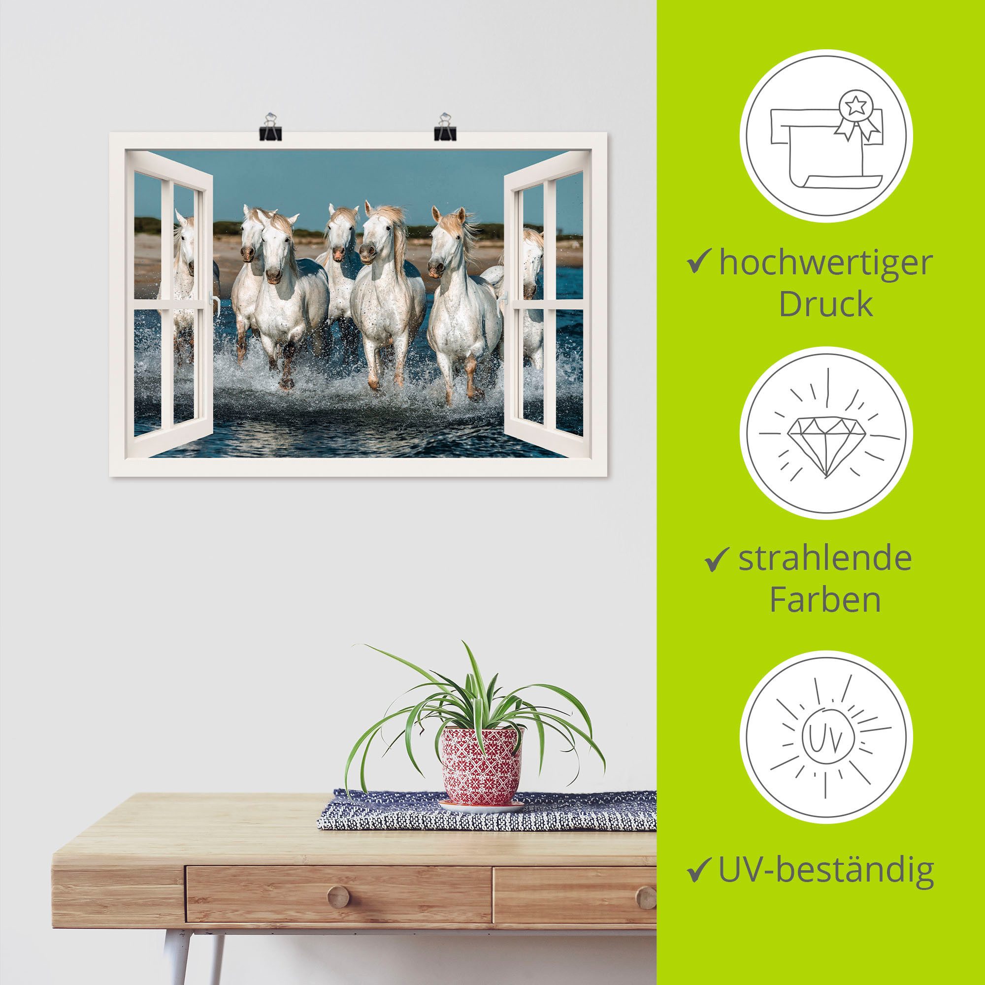 Artland Poster Blik uit het venster paarden op het strand als artprint van aluminium, artprint op linnen, muursticker of poster in verschillende maten