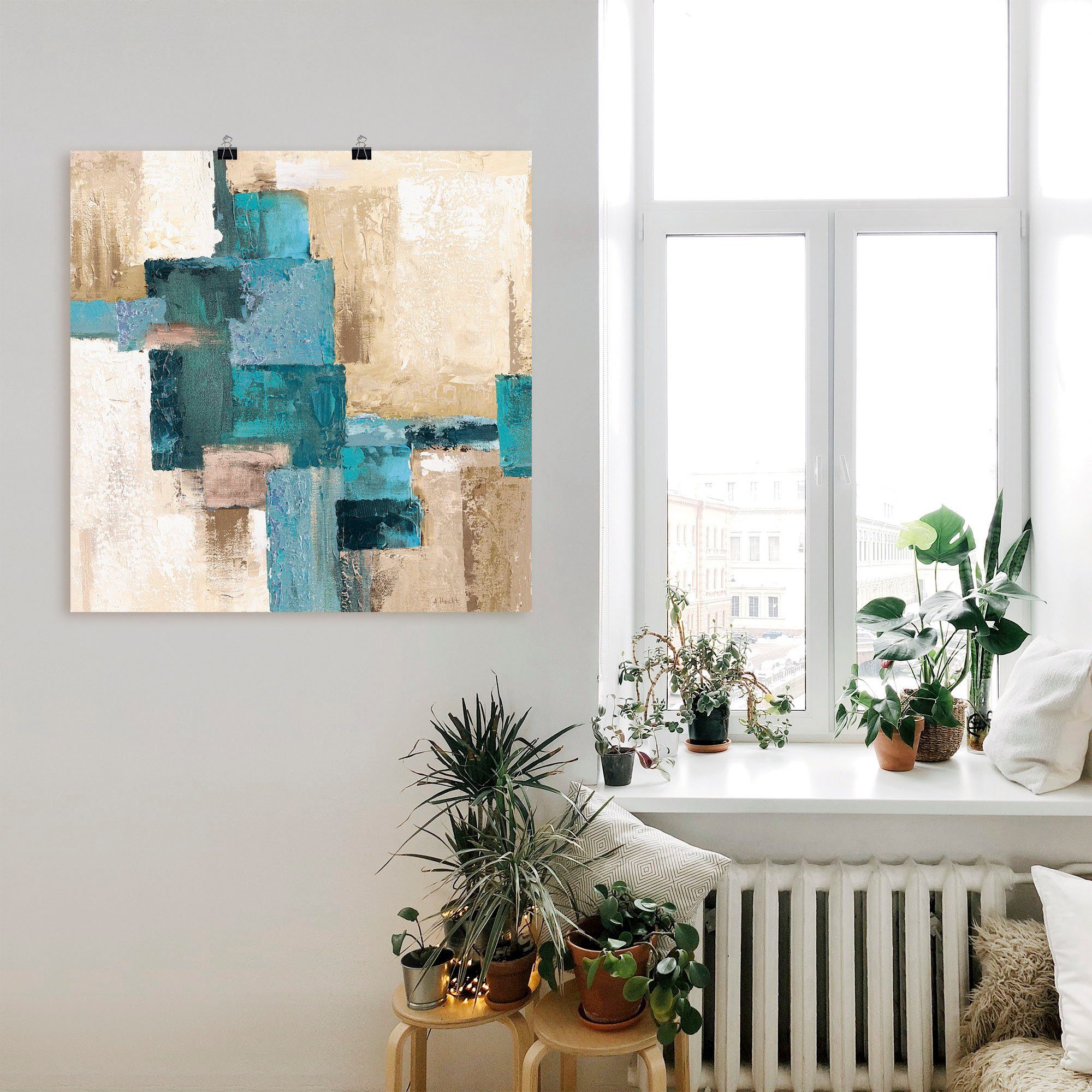 Artland Artprint Abstracte ruiten beige-turquoise als artprint van aluminium, artprint voor buiten, artprint op linnen, poster in verschillende maten. maten