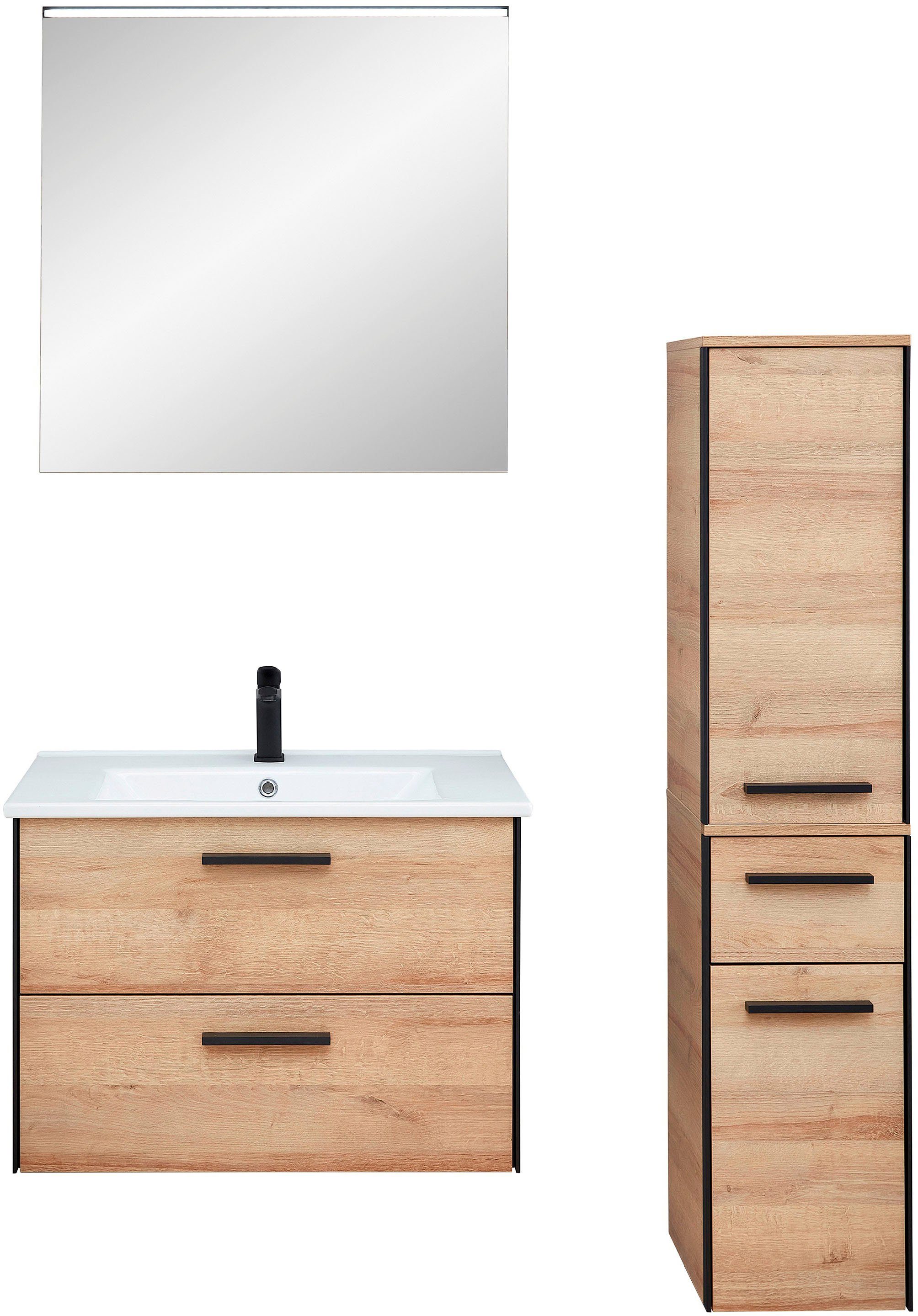 Saphir Badkamerserie Quickset 395 3-delig, keramieken wastafel met led-spiegel Middel kast, incl. deurdemper, 2 deuren, 3 lades, badkamer set