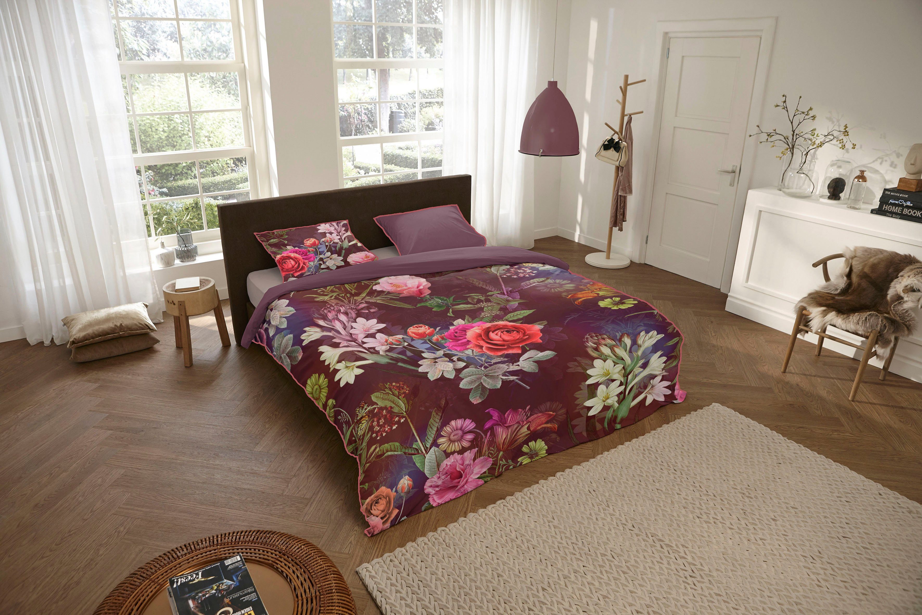 Descanso Tweezijdig te gebruiken overtrekset Simone Mako-satijn, 135x200, Bies, Rits, Omkeerbaar, Bloemen, Bordeaux (2-delig) dekbedovertrekken maat