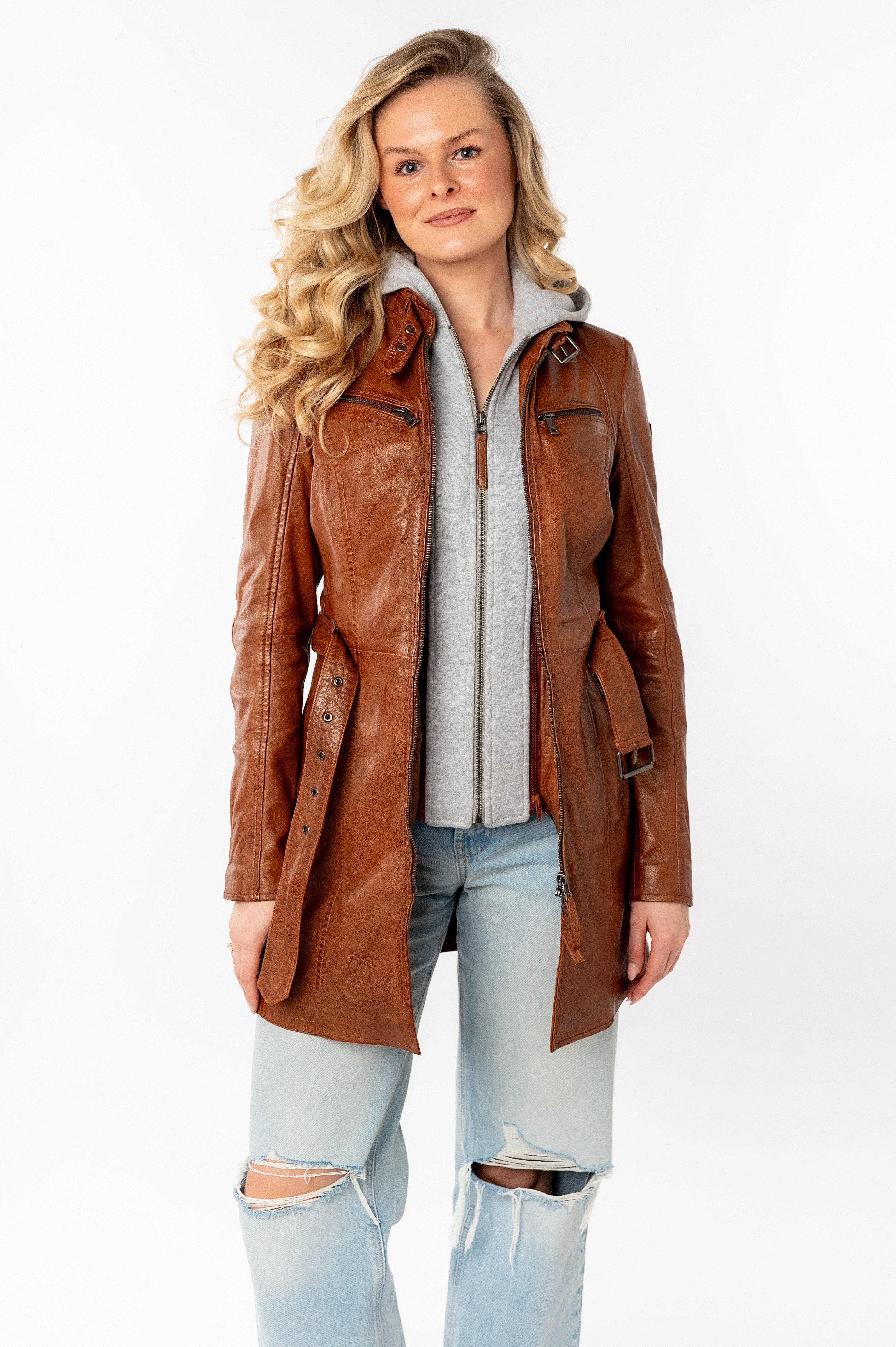 Mauritius Lange, leren jas BENTE2 lange leren jack met riem & afneembare capuchoninlay (Met riem)