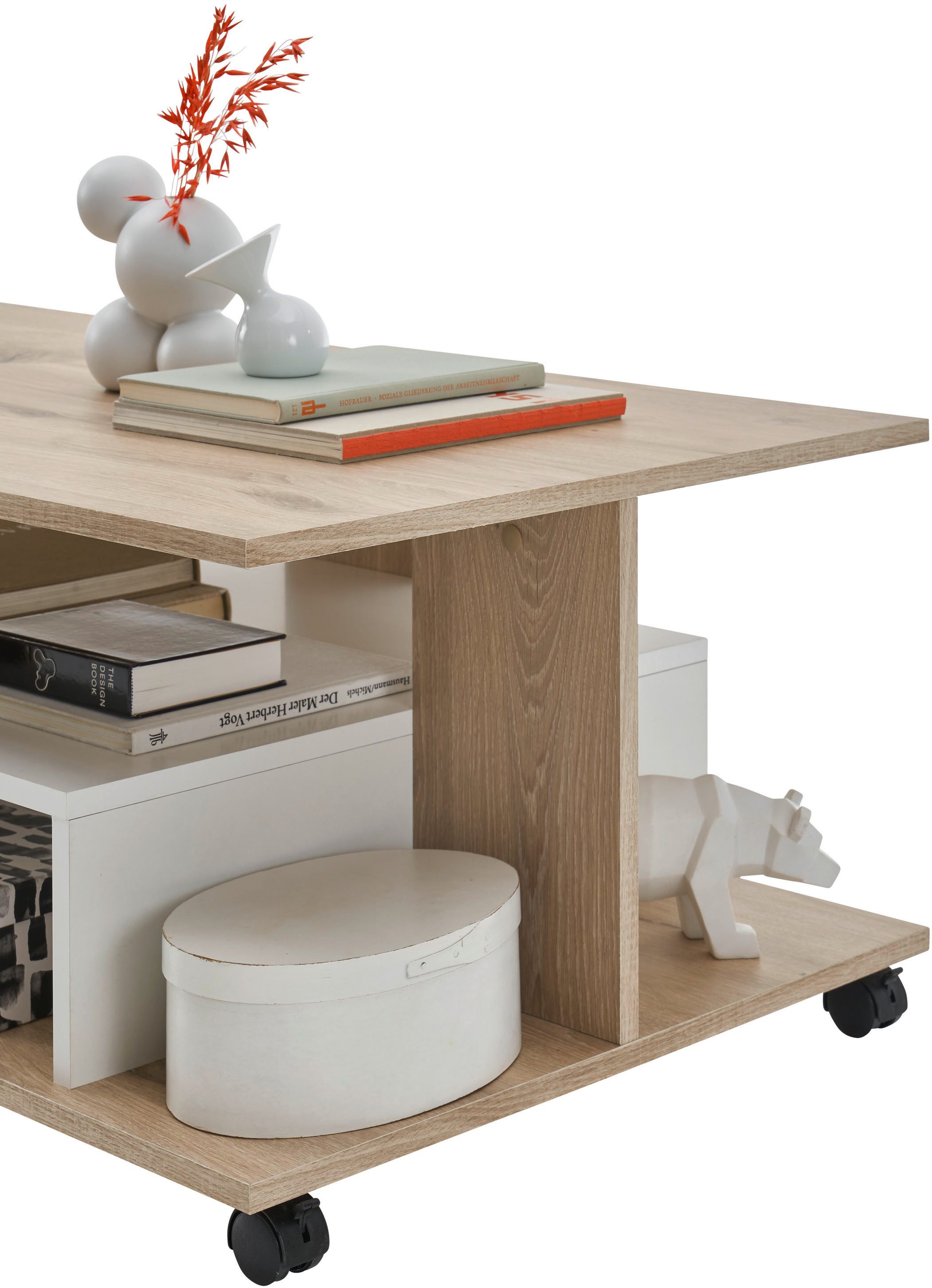 Stolkom Salontafel Marti met wielen en planken, Rima eik wit, BxHxD 110x42,5x60 cm