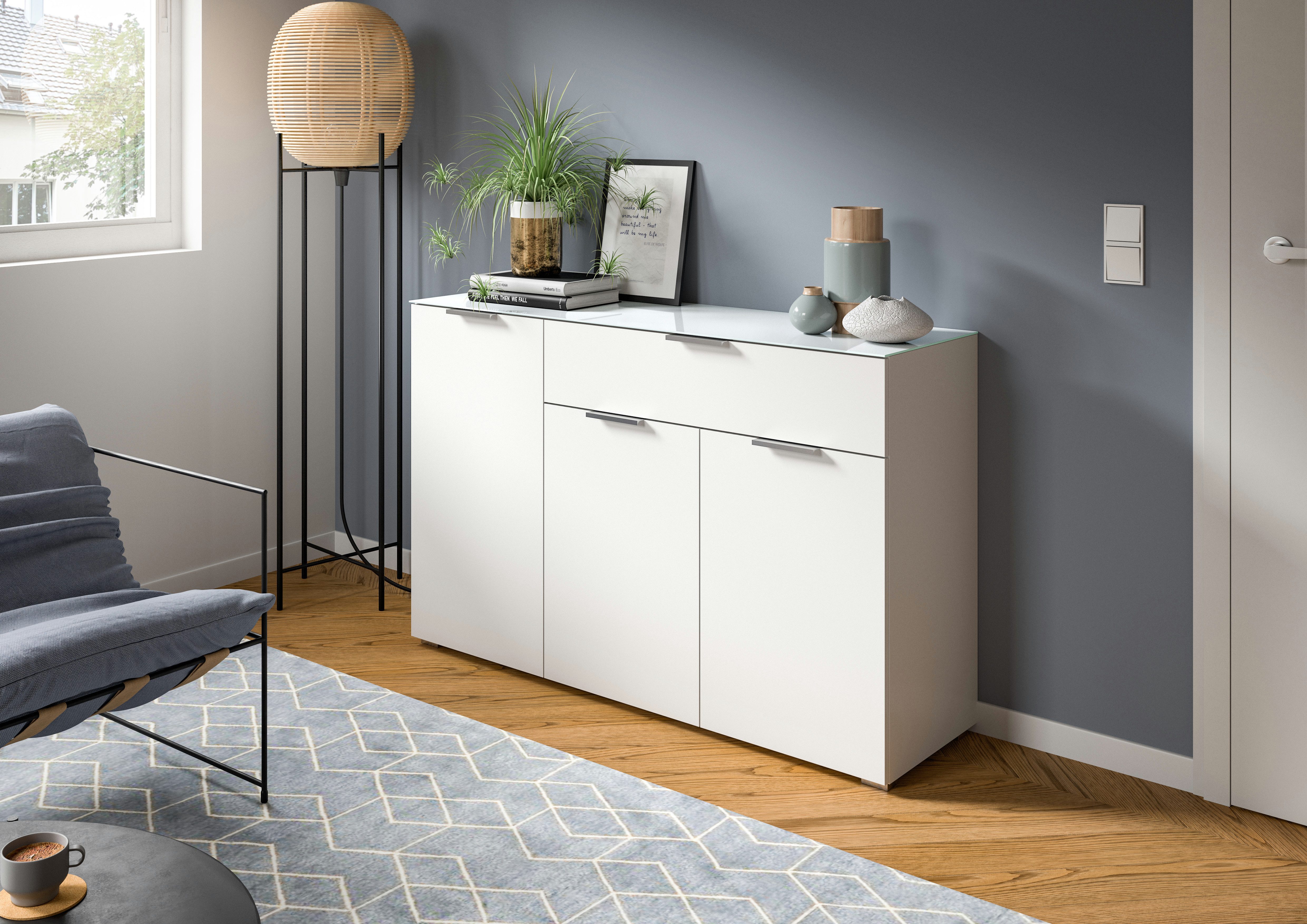 INOSIGN Dressoir Raio, Breedte 135 cm, 3 deuren, 1 lade, Bovenblad met glasplaat dressoirs wit