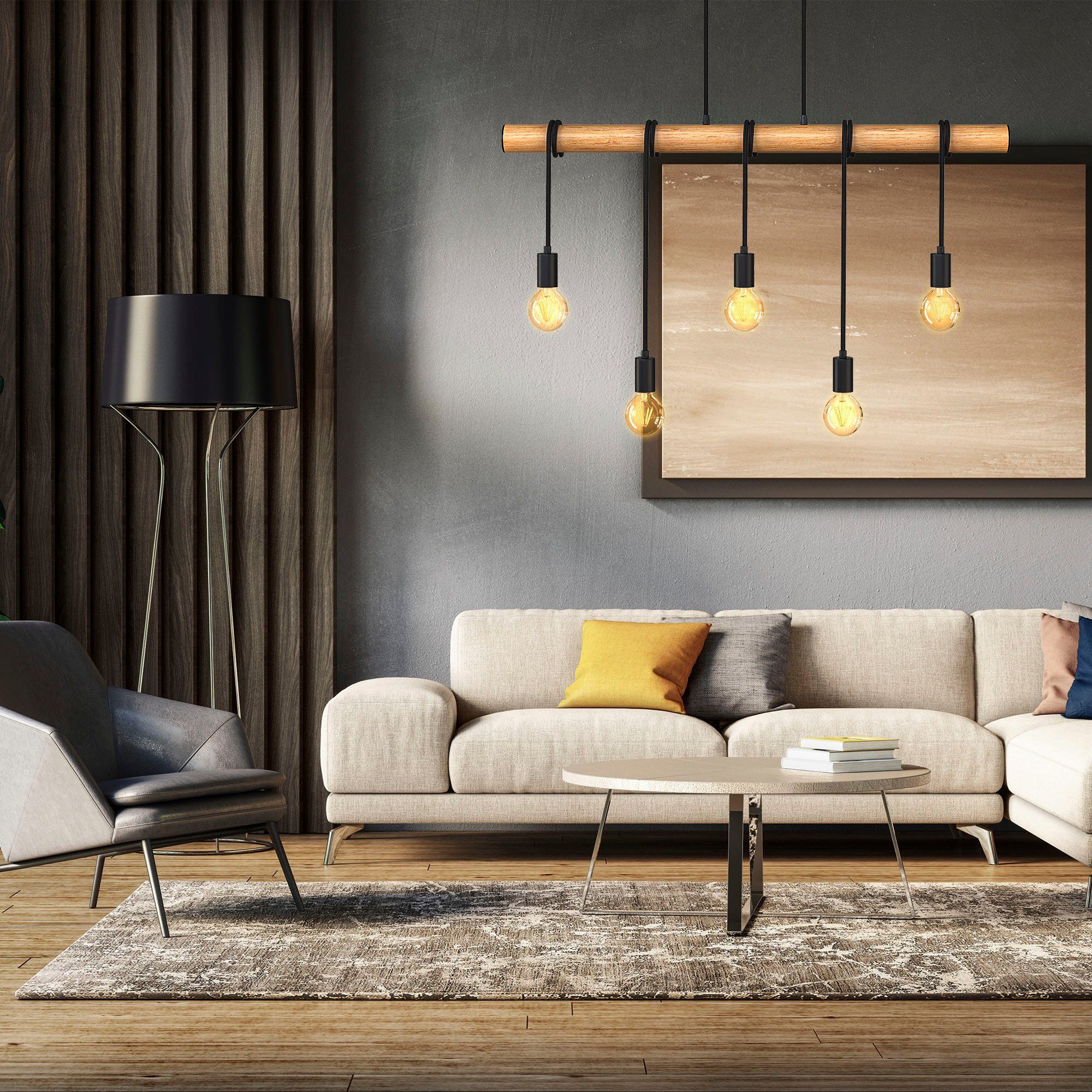 B.K.Licht Hanglamp BK_PL1339 Houten eettafel hanglamp, mat zwart 5-vlamig, e27-fitting, zonder lichtbron (max. 60w), l: 90 cm (1 stuk)