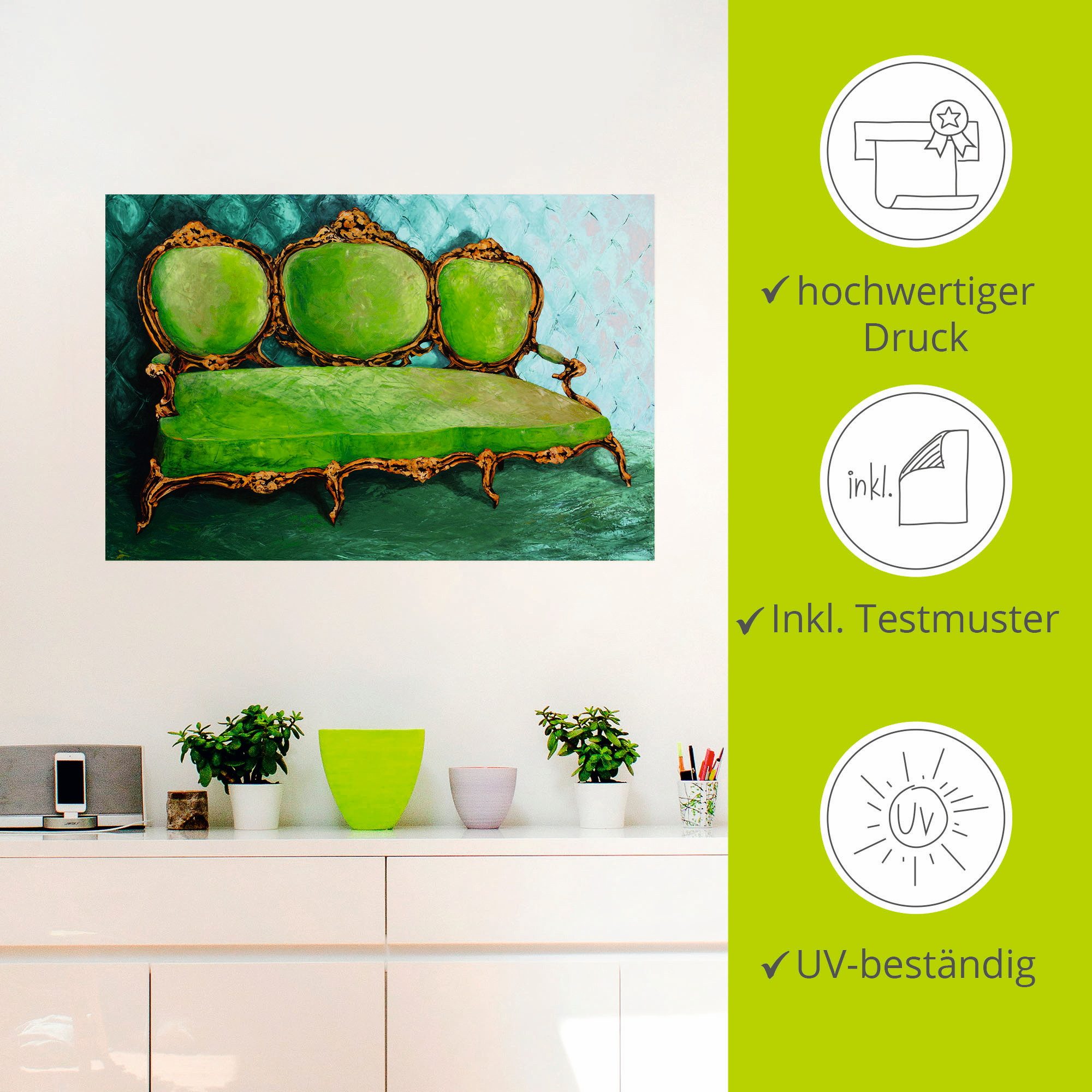 Artland Artprint Bank groen als artprint op linnen, muursticker in verschillende maten
