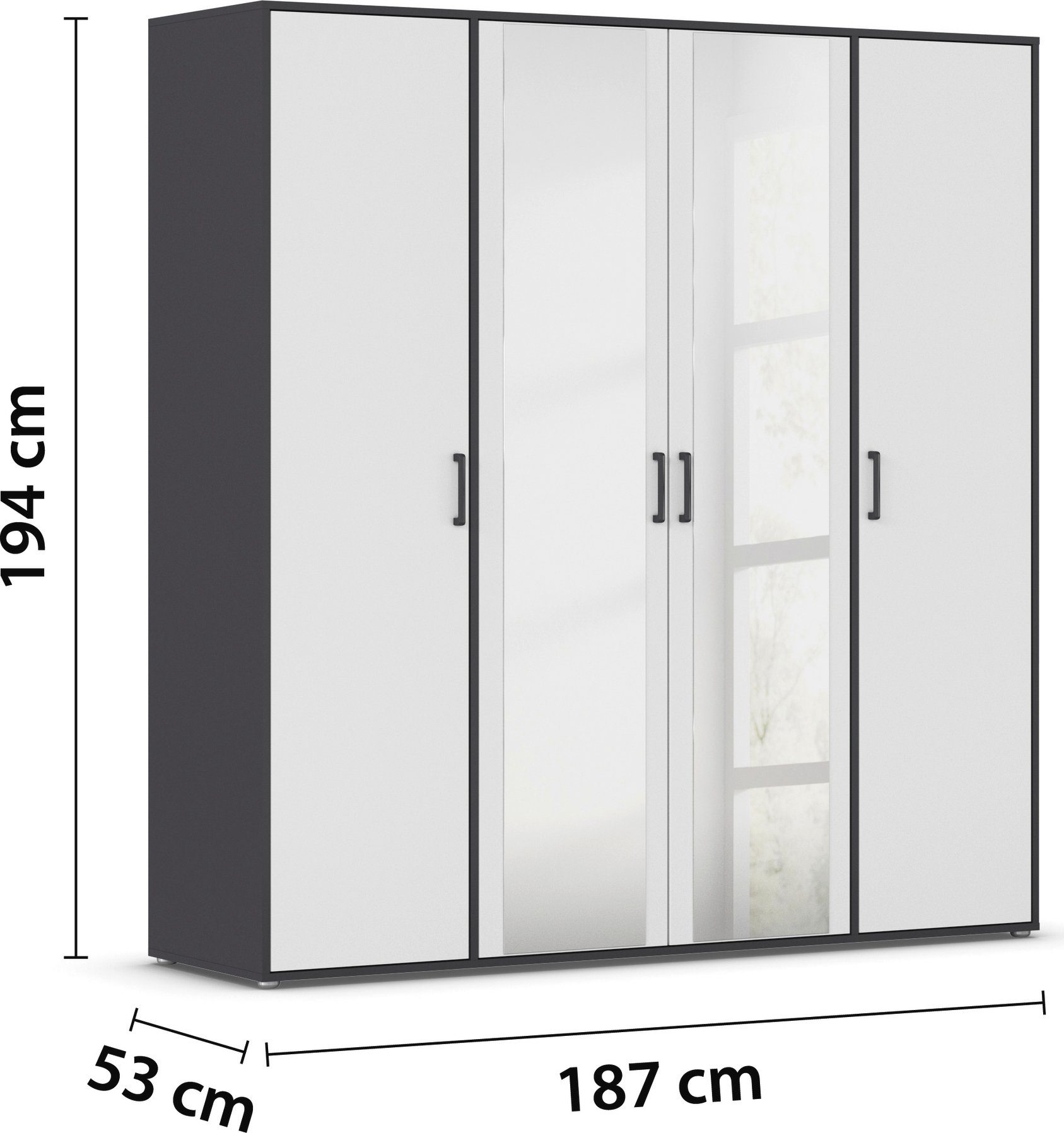 rauch Draaideurkast Voyager met moderne grepen in grijs-metallic en spiegel