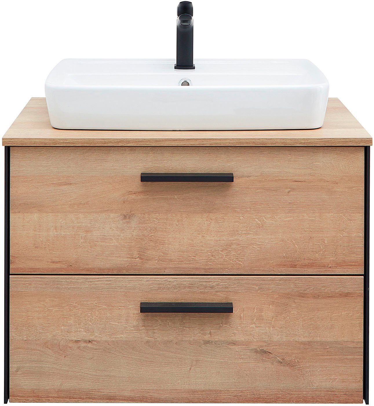 Saphir Badkamerserie Quickset 395 2-delig, keramieken opzetwasbak met led-spiegelkast Wastafelmeubel 73 cm breed, 2 laden, wastafelblad, badkameraccessoireset (4-delig)
