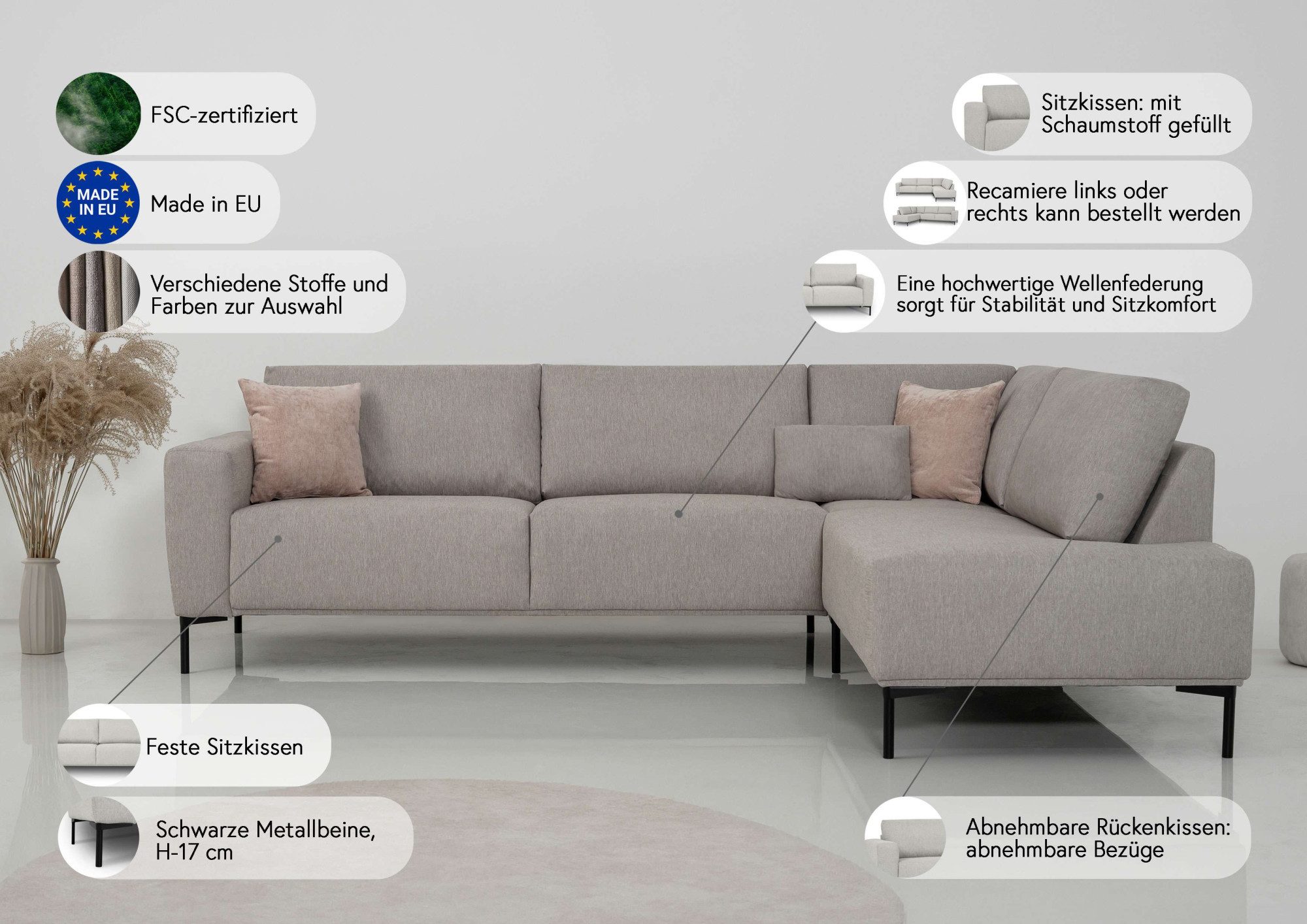 andas Hoekbank Melby Breedte 275 cm, in een zachte structuurstof, losse rugkussens (2-delig)