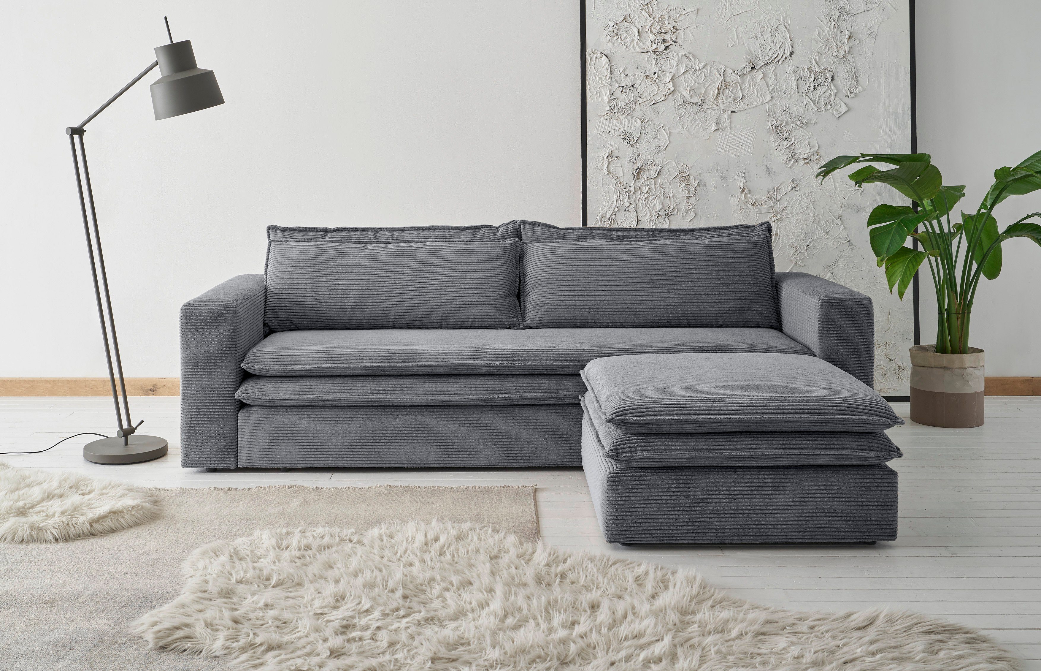 Places of Style Zithoek PIAGGE 3-zitsbank met slaapfunctie en loveseat-hocker als set (2-delig) grijs, zithoeken