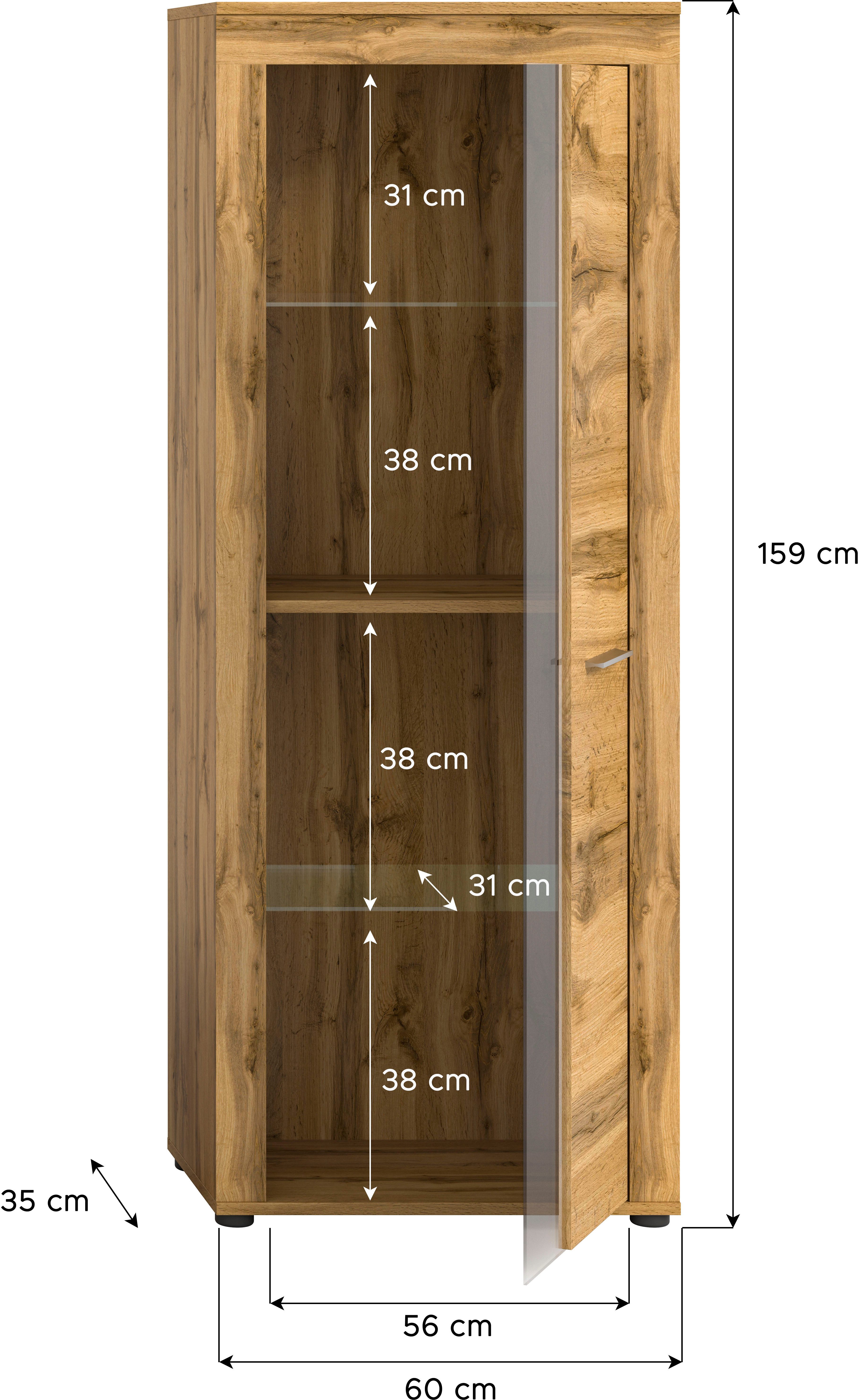 INOSIGN Vitrinekast Aosta, hoogte 159 cm, in verschillende kleuruitvoeringen 1 deur, 3 legplanken, 4 vakken, woonkamer, staande vitrine, glazen vitrine