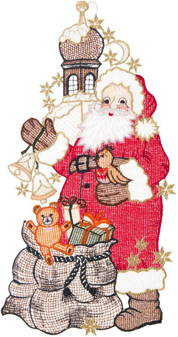 W. Reuter & Sohn - Plauener Spitze Raamdecoratie "Santa Claus"(lange jas) in kleur raamdecoratie multicolor