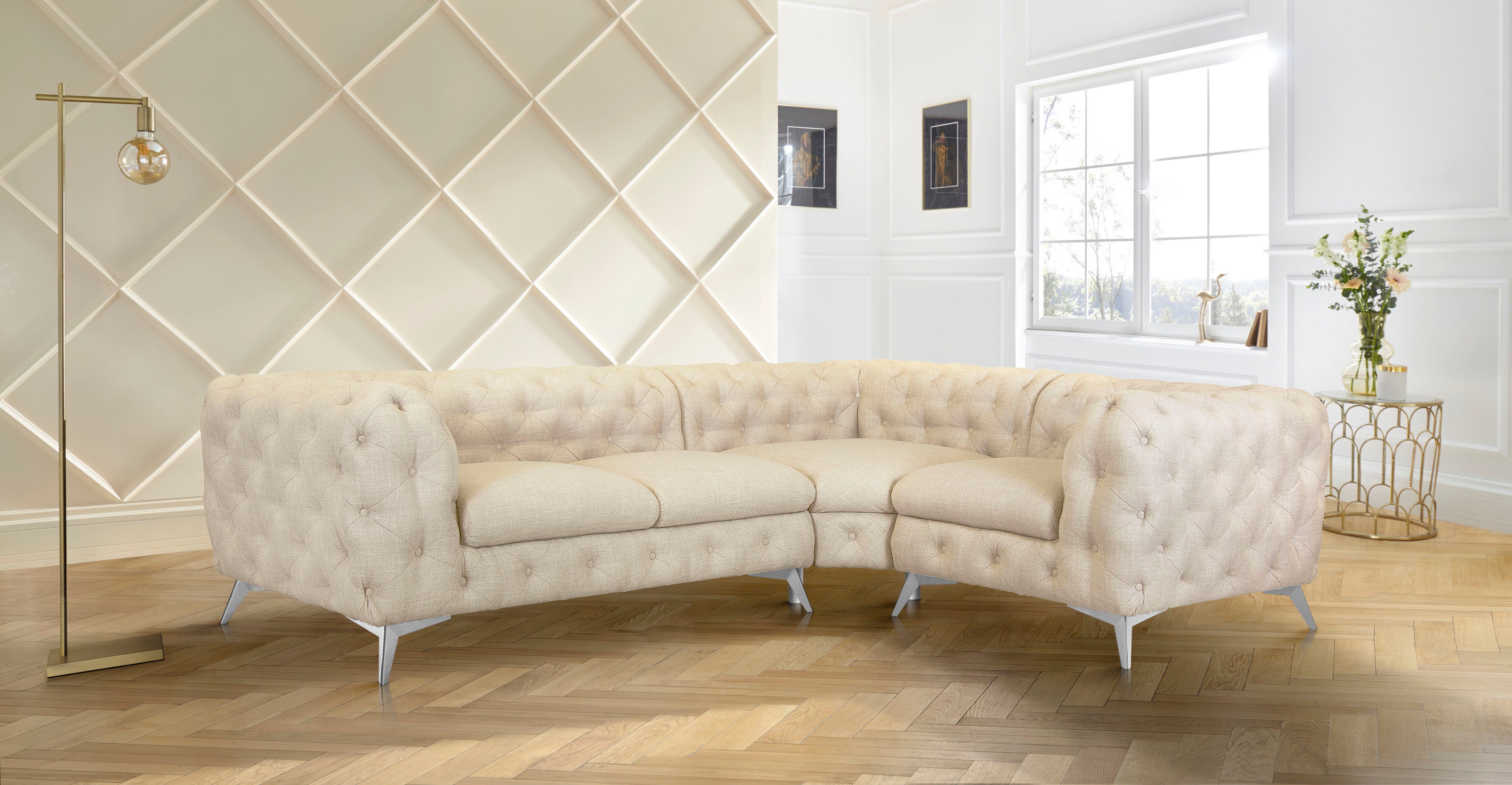 Leonique Chesterfield-bank Glynis L-vorm luxueuze capitonnage, moderne chesterfield look, kleur van de poten ter keuze