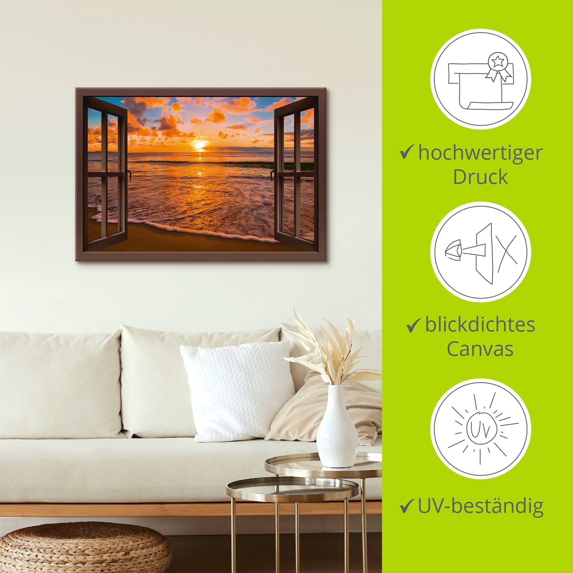 Artland Artprint Blik uit het venster zonsondergang aan het strand als artprint op linnen, poster, muursticker in verschillende maten