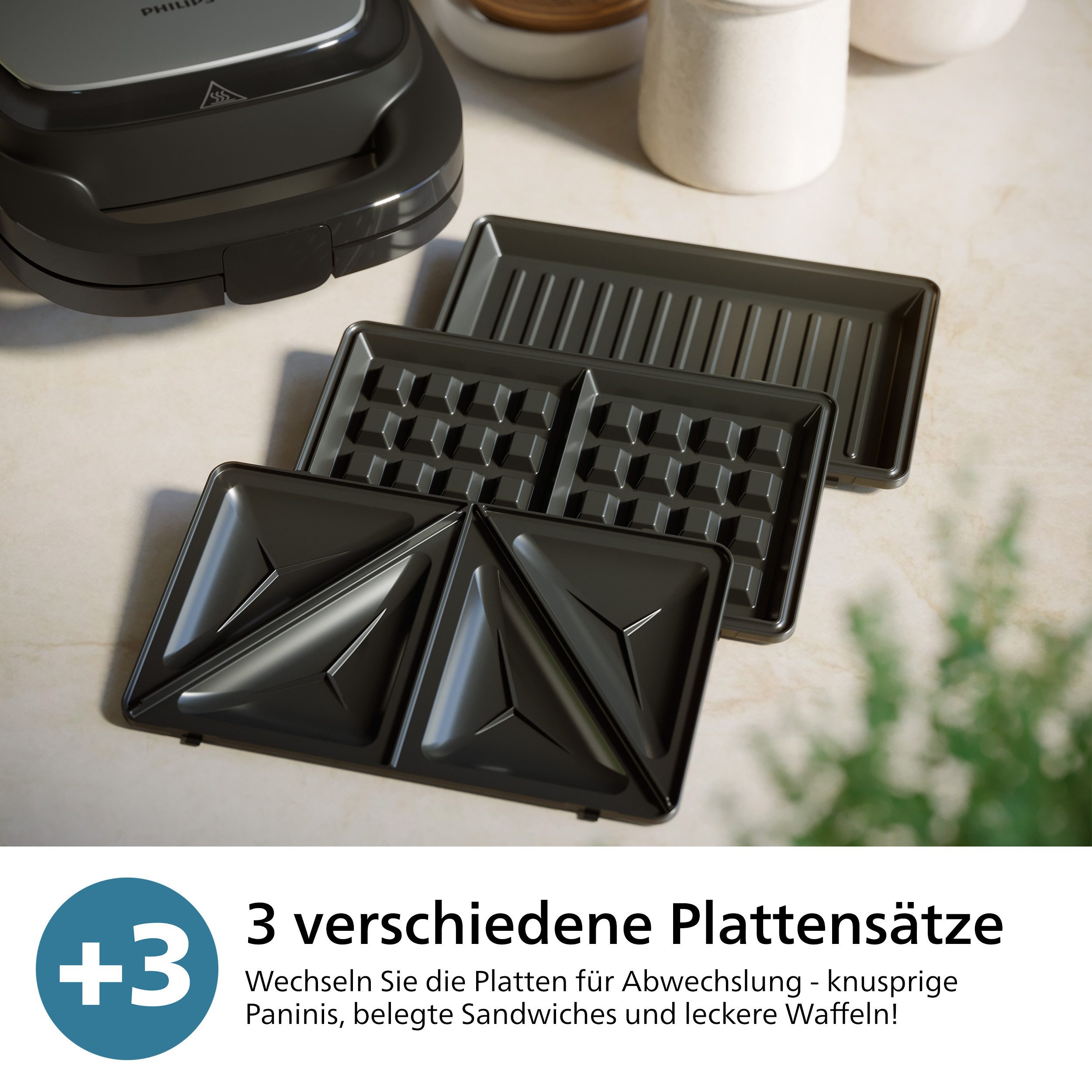 Philips Sandwichmaker 5000 Series HD2350/80, met 3 verwisselbare plaatsets gelijkmatige opwarming, compacte opslag, zwart / zilver