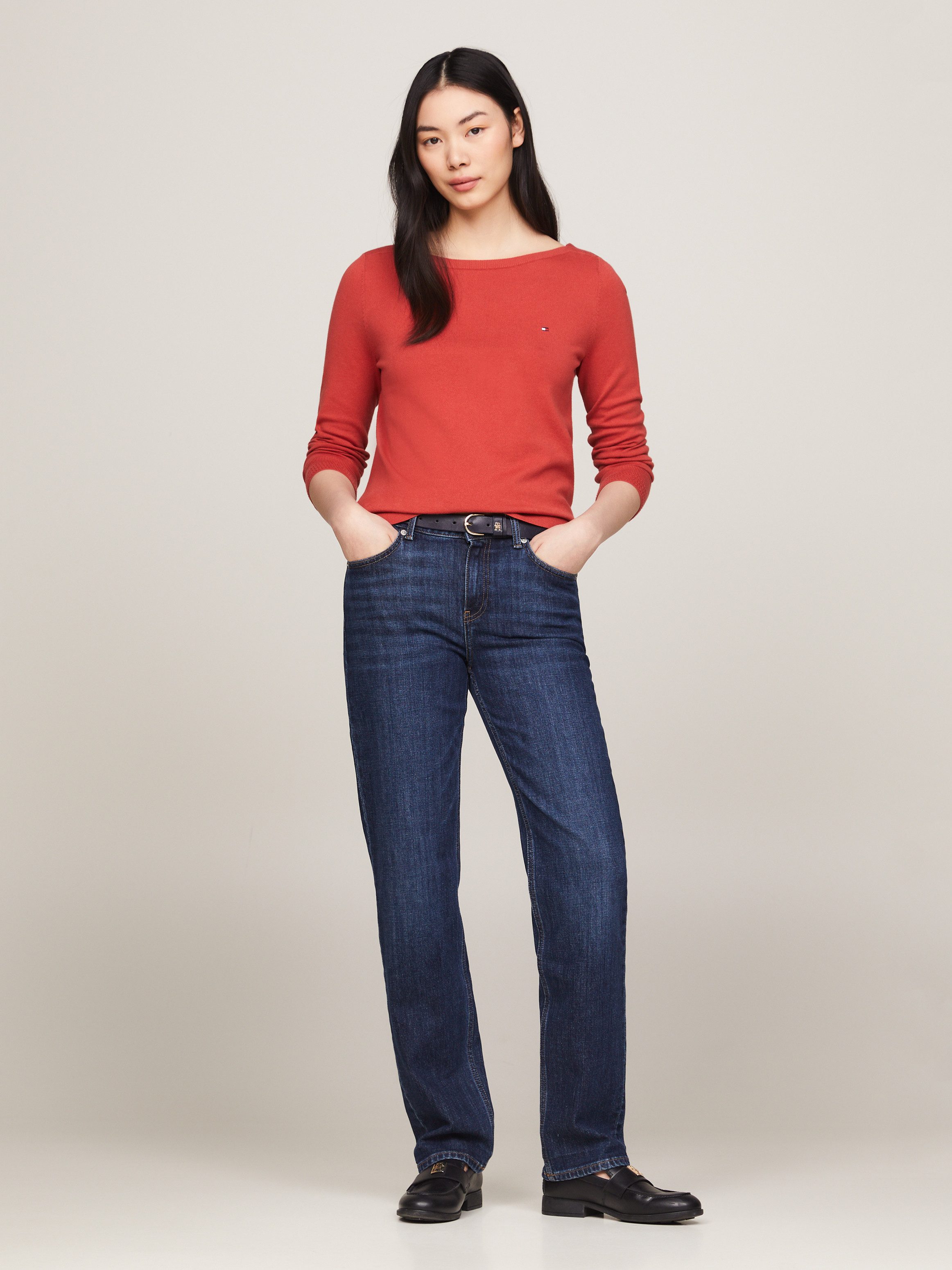 Tommy Hilfiger Gebreide trui CO JERSEY STITCH BOAT-NK SWEATER met -merklabel op de mouw